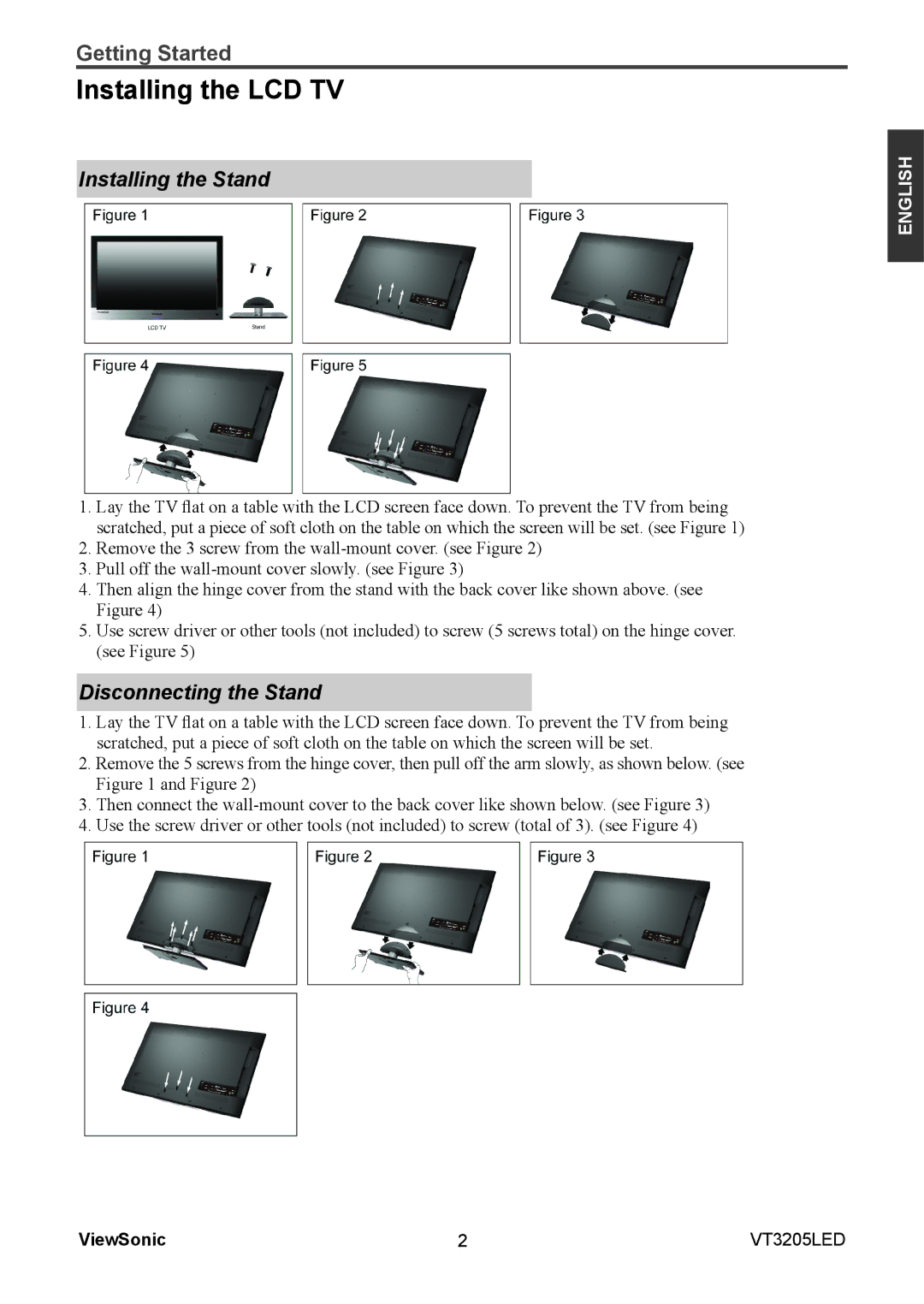 ViewSonic VS13915-1M warranty Installing the LCD TV, Installing the Stand, Disconnecting the Stand 