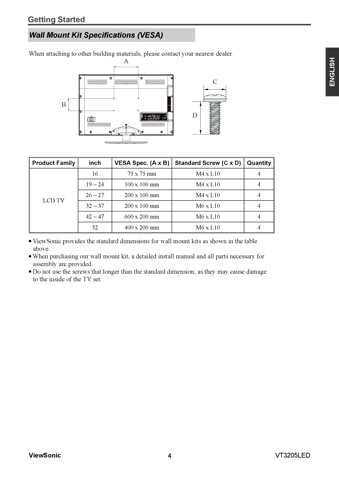 ViewSonic VS13915-1M warranty Wall Mount Kit Specifications Vesa 