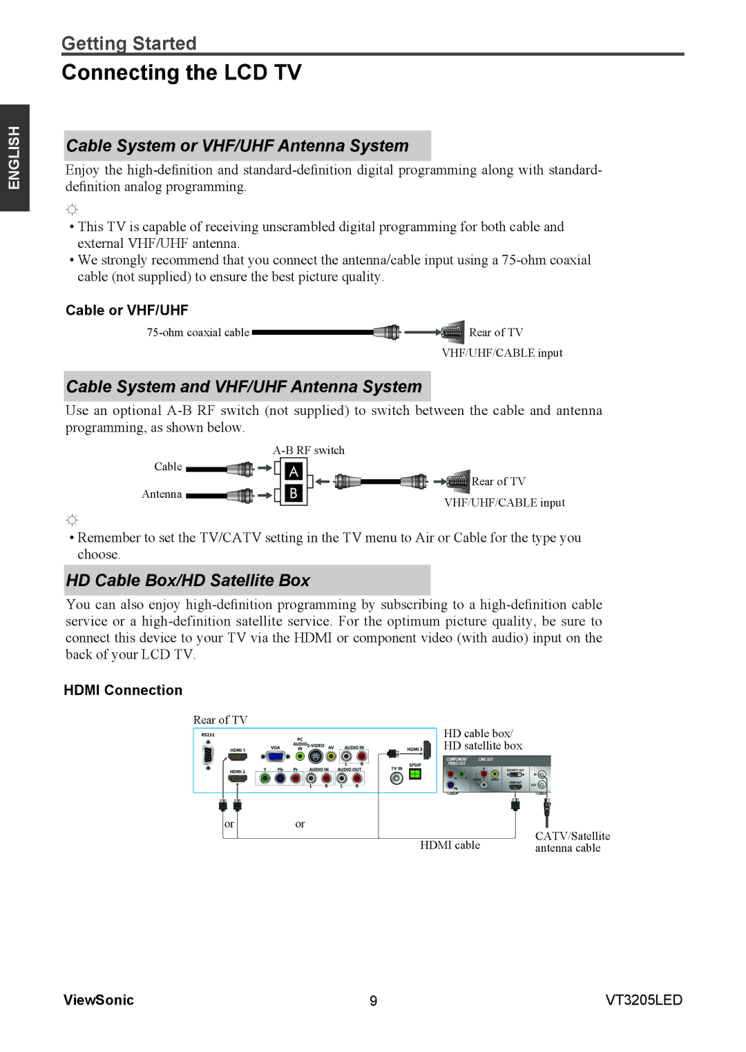 ViewSonic VS13915-1M warranty Connecting the LCD TV, Cable System or VHF/UHF Antenna System, HD Cable Box/HD Satellite Box 