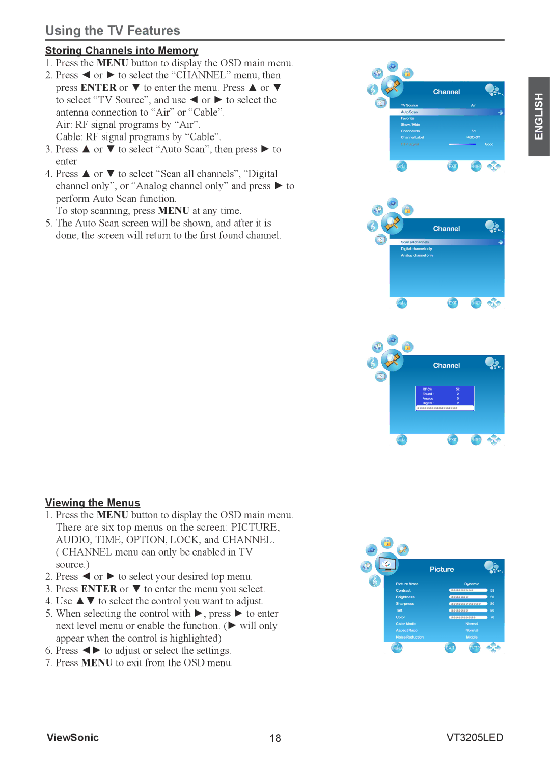 ViewSonic VS13915-1M warranty Storing Channels into Memory, Viewing the Menus 