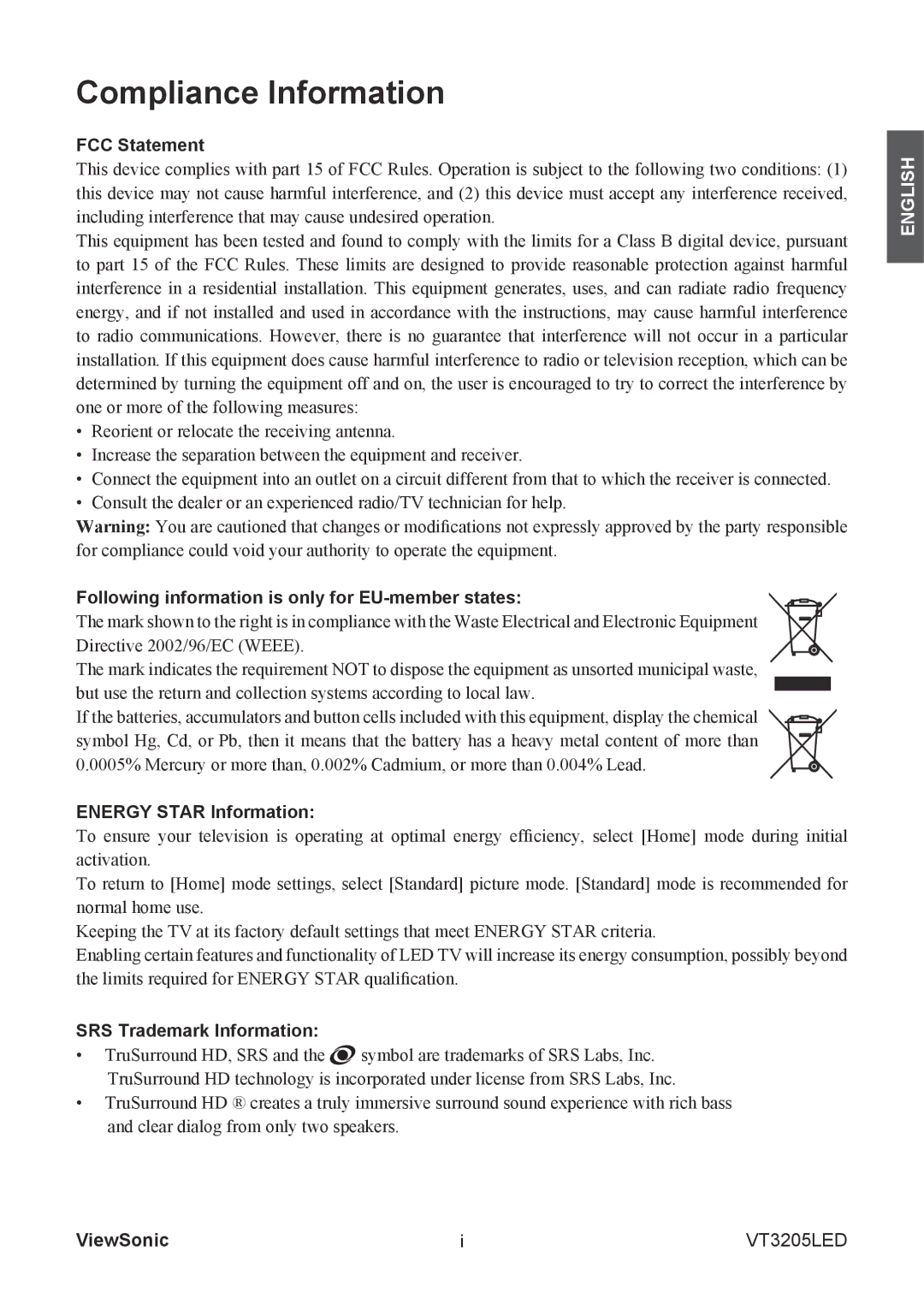 ViewSonic VS13915-1M warranty FCC Statement, Following information is only for EU-member states, Energy Star Information 