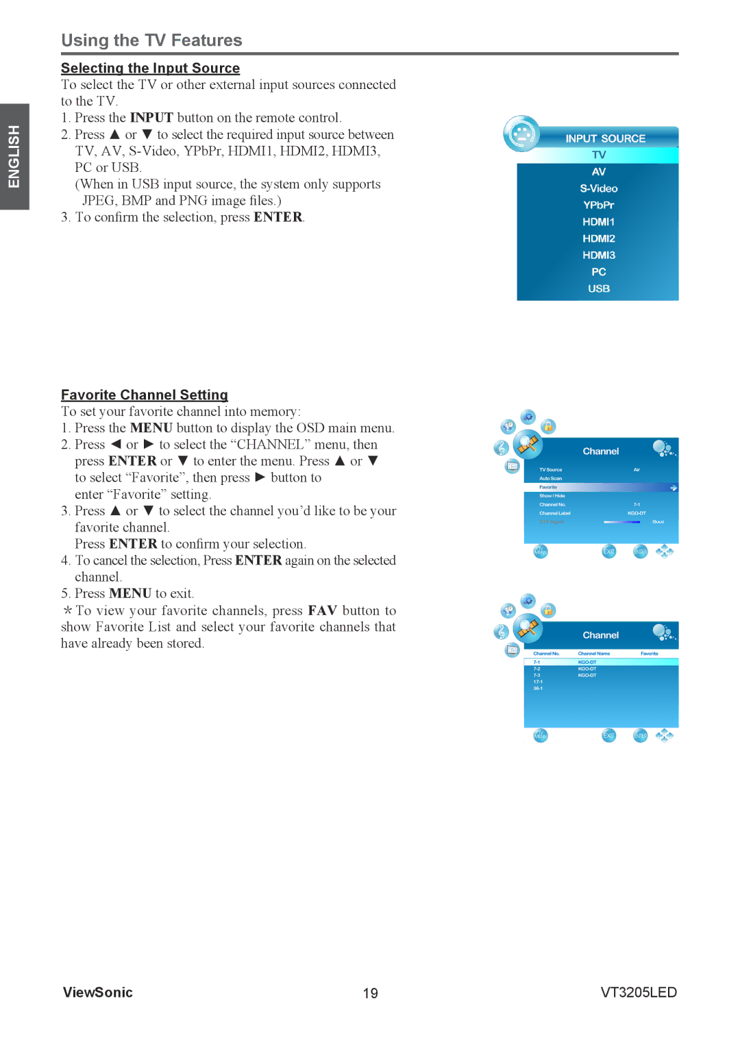 ViewSonic VS13915-1M warranty Selecting the Input Source, Favorite Channel Setting 