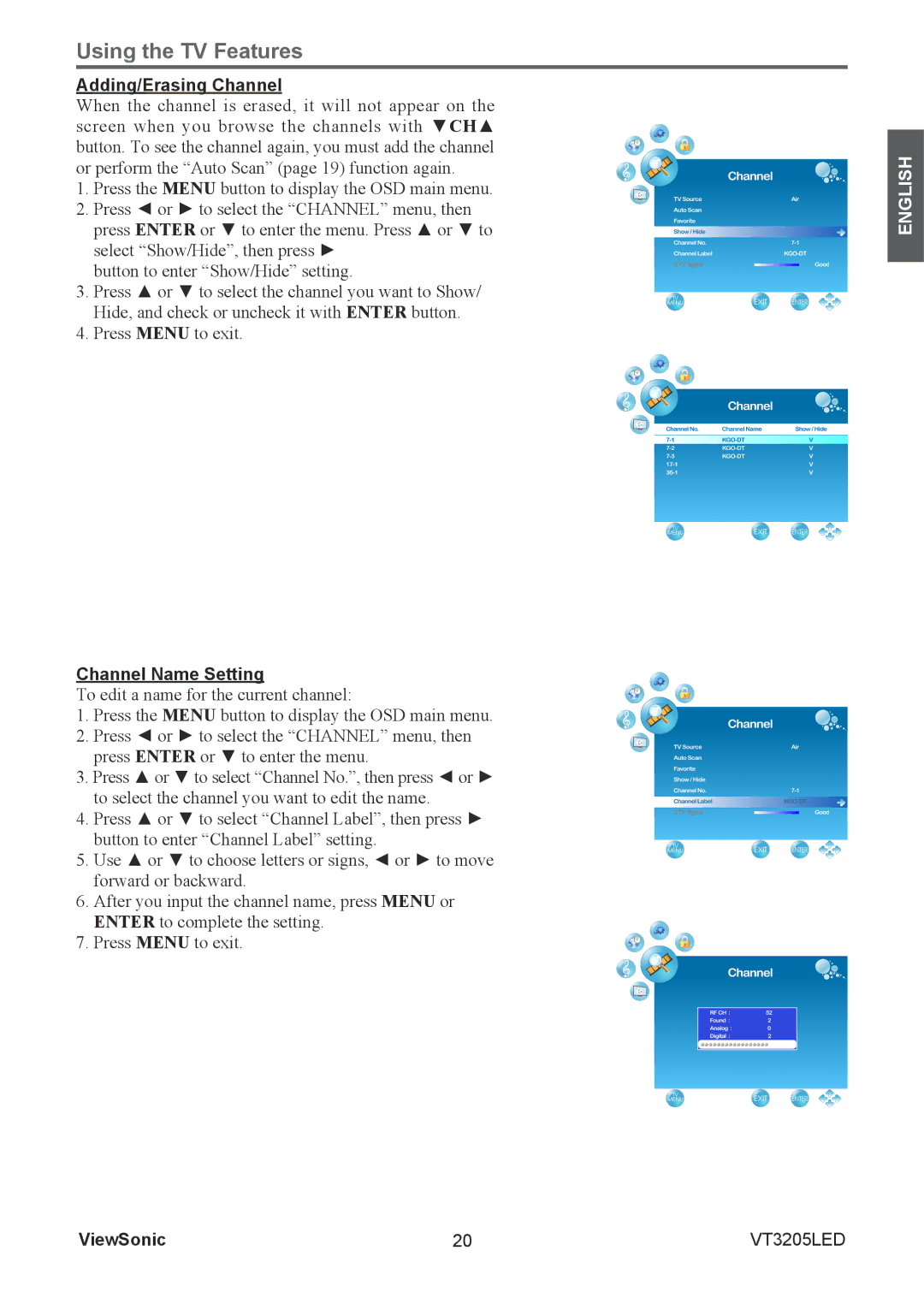 ViewSonic VS13915-1M warranty Adding/Erasing Channel, Channel Name Setting 