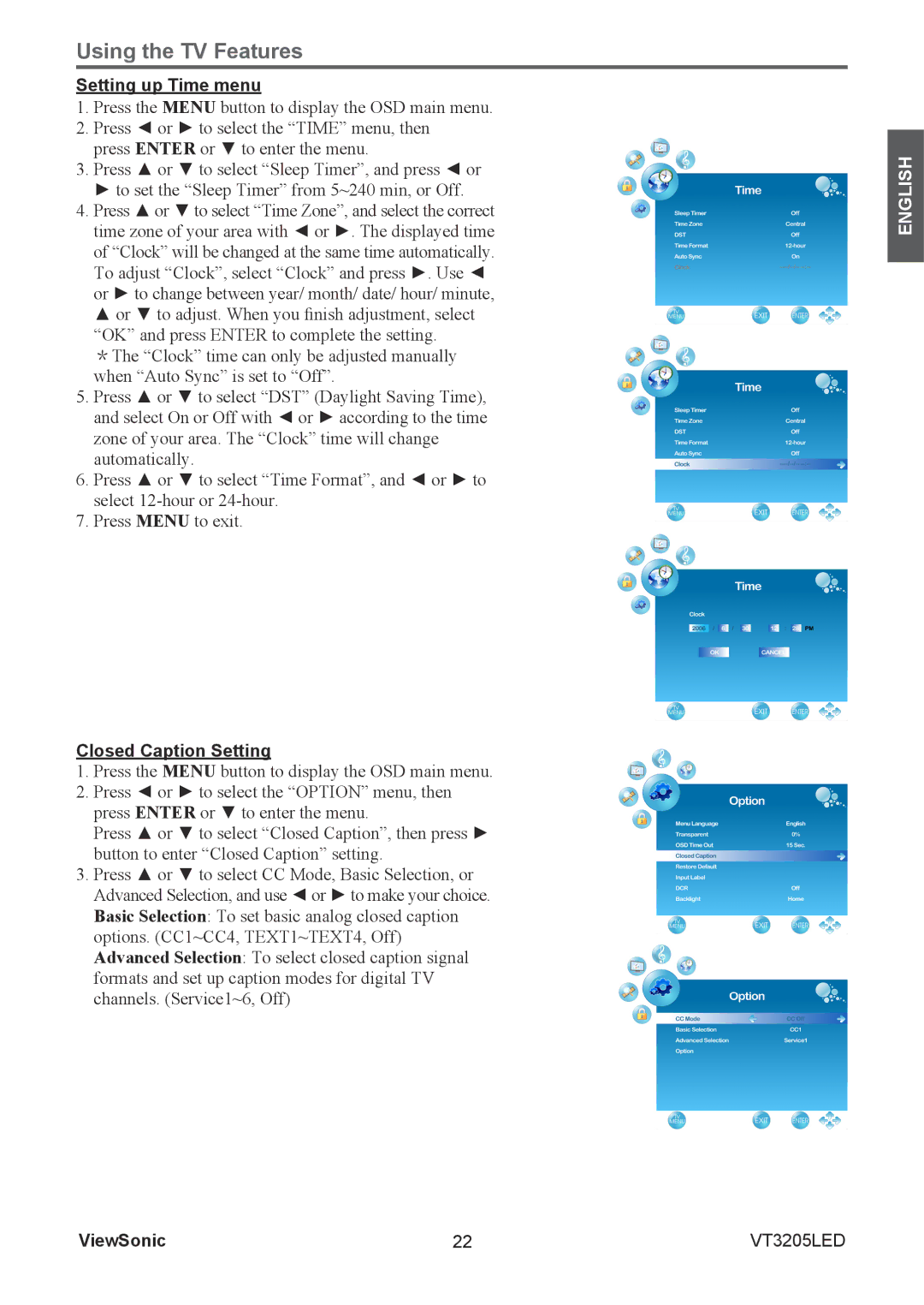 ViewSonic VS13915-1M warranty Setting up Time menu, Closed Caption Setting 