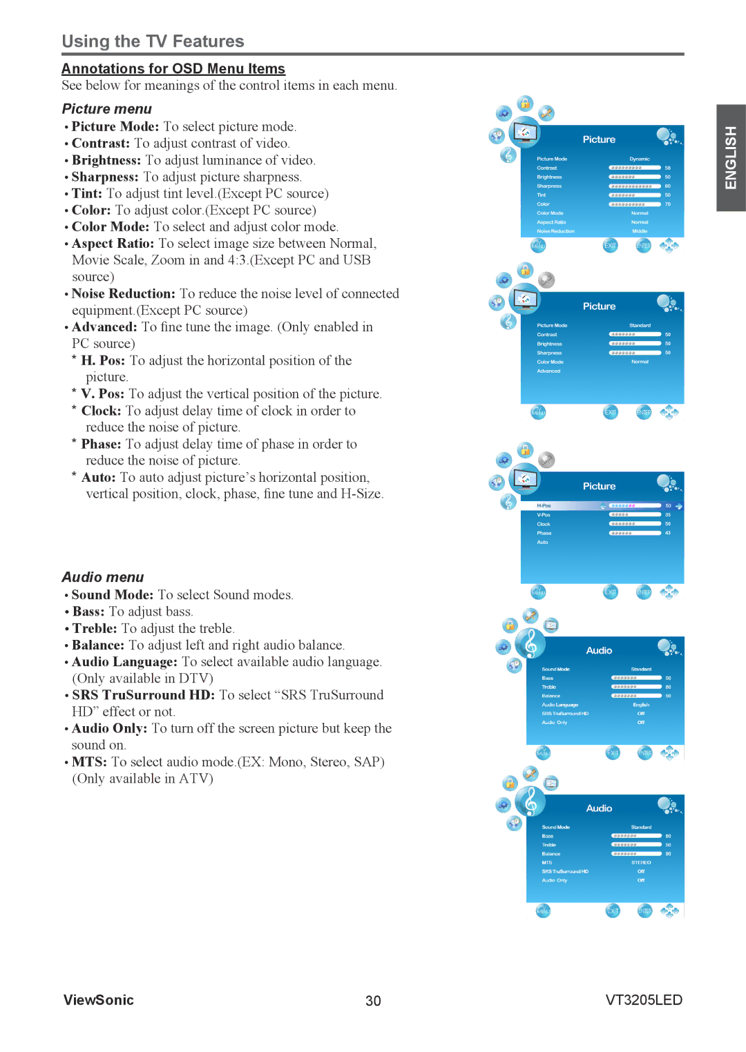 ViewSonic VS13915-1M warranty Annotations for OSD Menu Items, Picture menu, Audio menu 