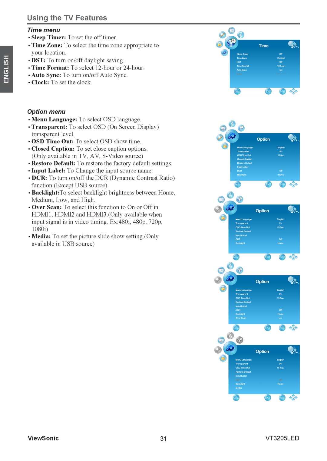 ViewSonic VS13915-1M warranty Time menu, Option menu 