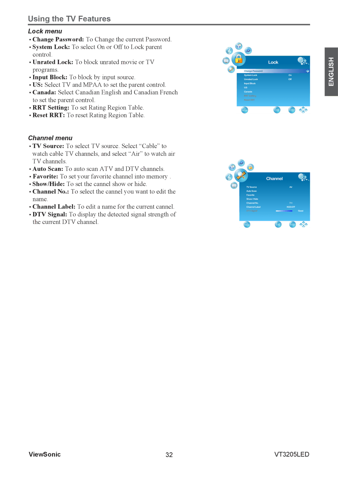 ViewSonic VS13915-1M warranty Lock menu, Channel menu 