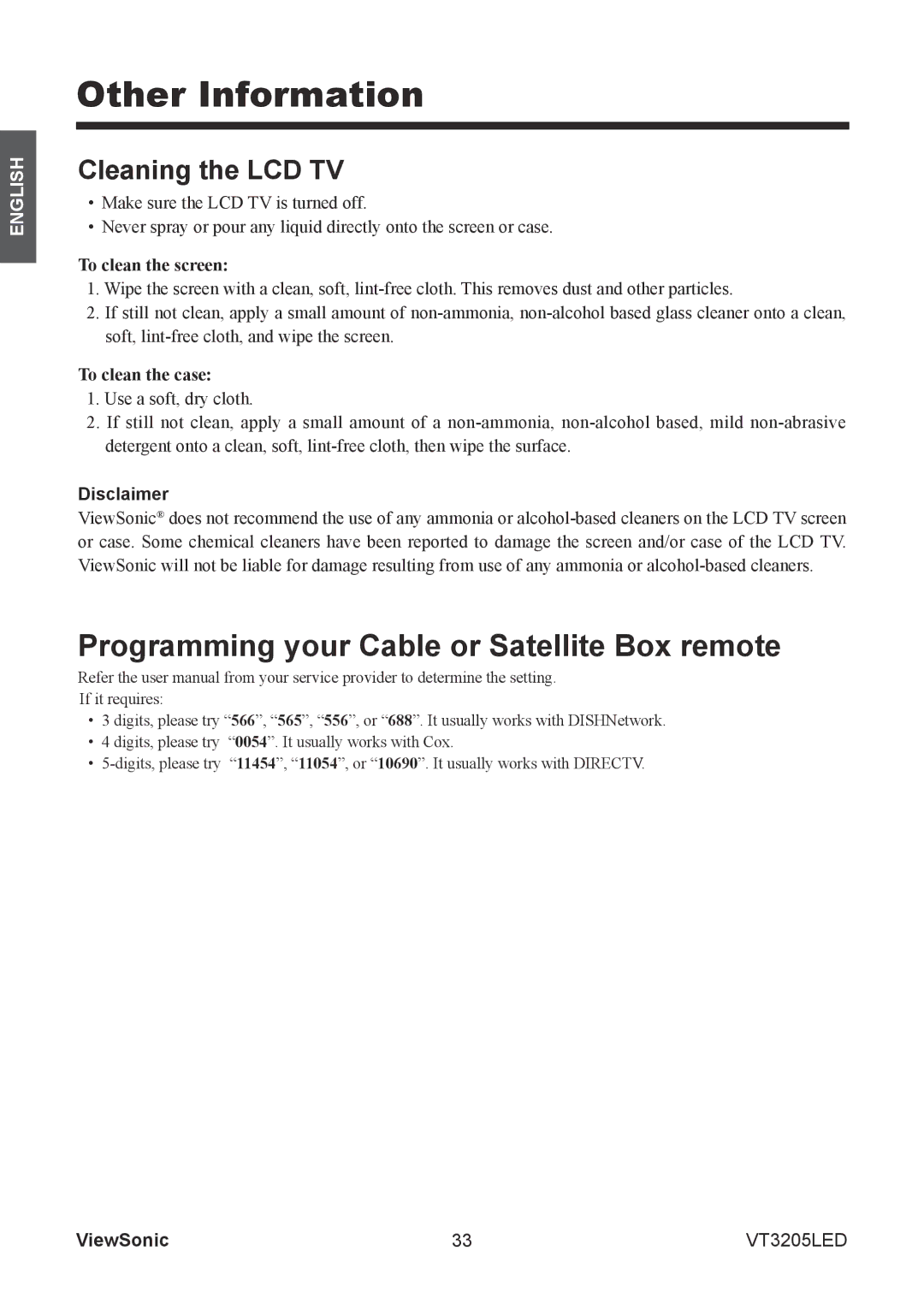 ViewSonic VS13915-1M warranty Cleaning the LCD TV, To clean the screen, To clean the case, Disclaimer 