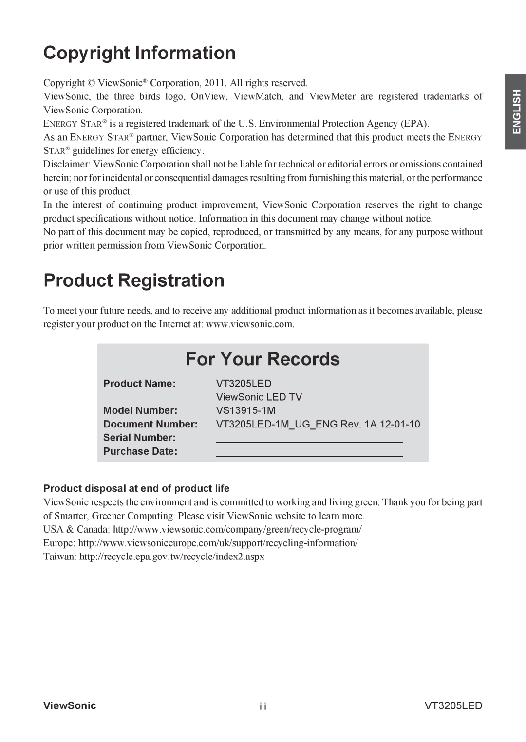 ViewSonic VS13915-1M warranty Product Name, Model Number, Document Number 