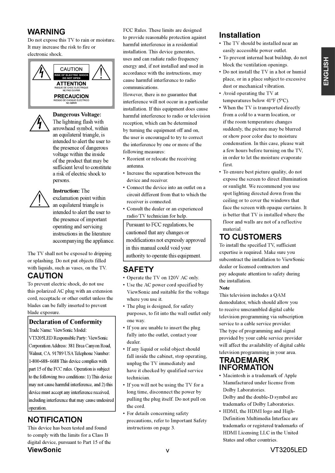 ViewSonic VS13915-1M warranty Declaration of Conformity, Instruction 