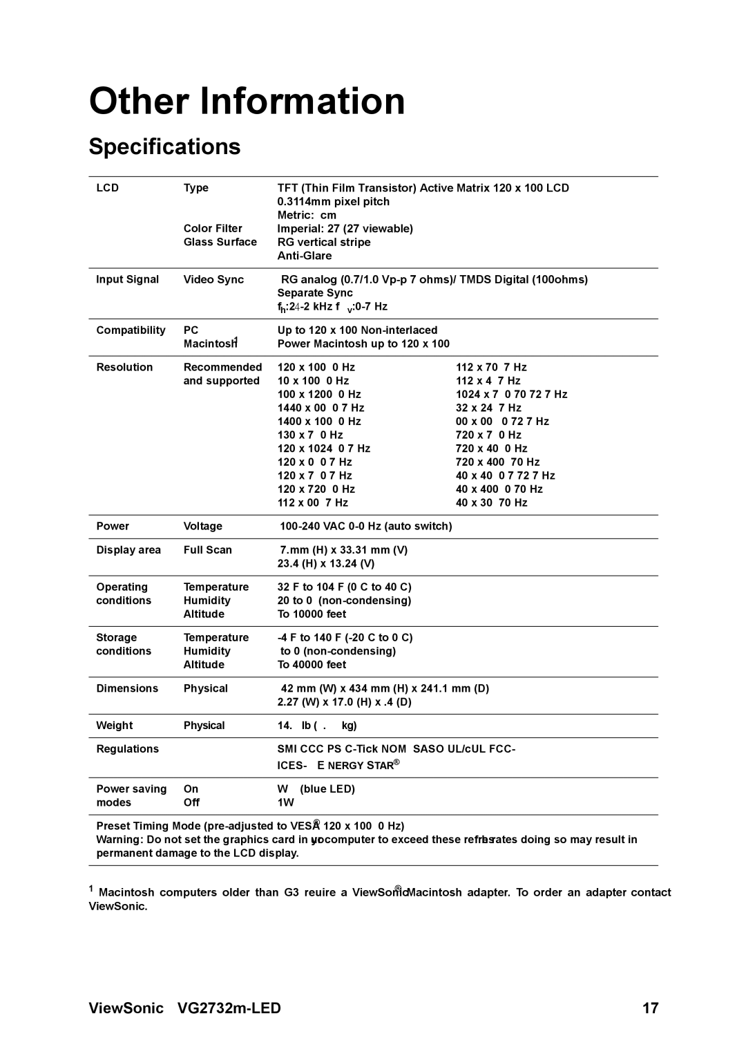 ViewSonic VS14102 warranty Other Information, Specifications 