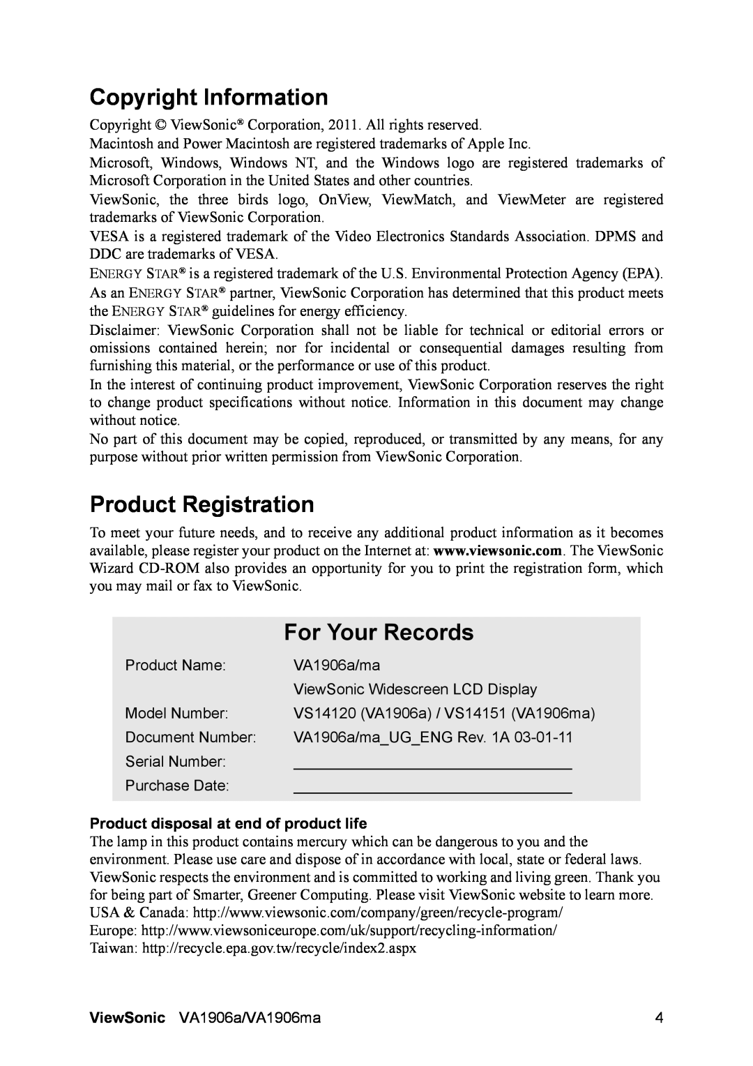 ViewSonic VS14120 Copyright Information, Product Registration, For Your Records, Product disposal at end of product life 