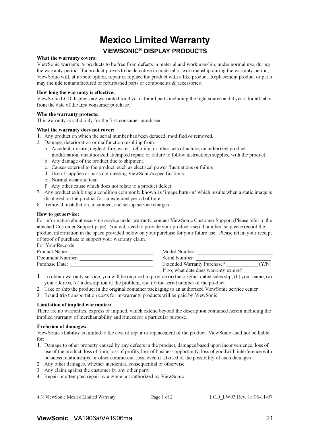 ViewSonic VS14151, VS14120 warranty Mexico Limited Warranty, Viewsonic Display Products 