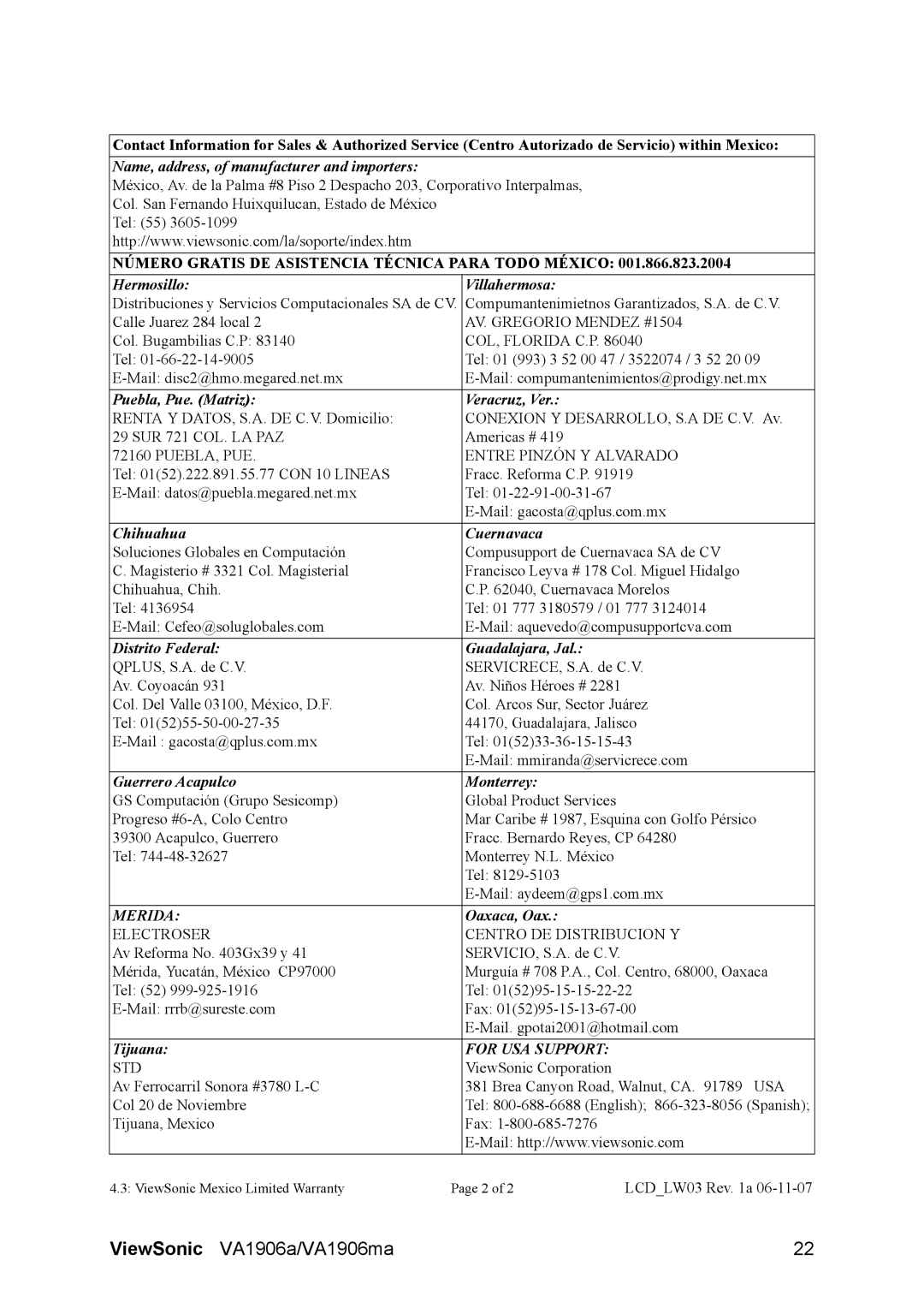 ViewSonic VS14120, VS14151 warranty Merida 