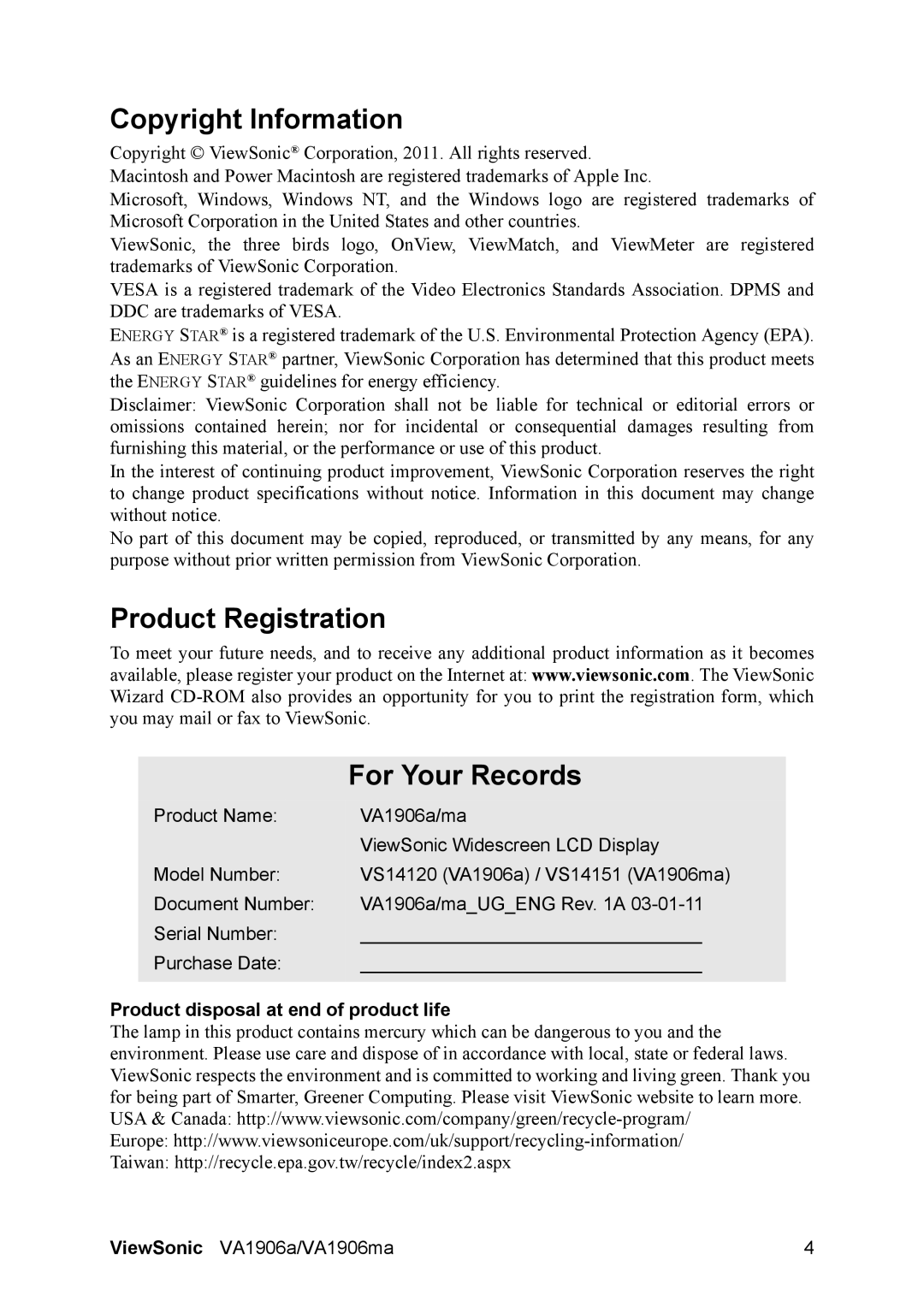 ViewSonic VS14120 Copyright Information, Product Registration For Your Records, Product disposal at end of product life 