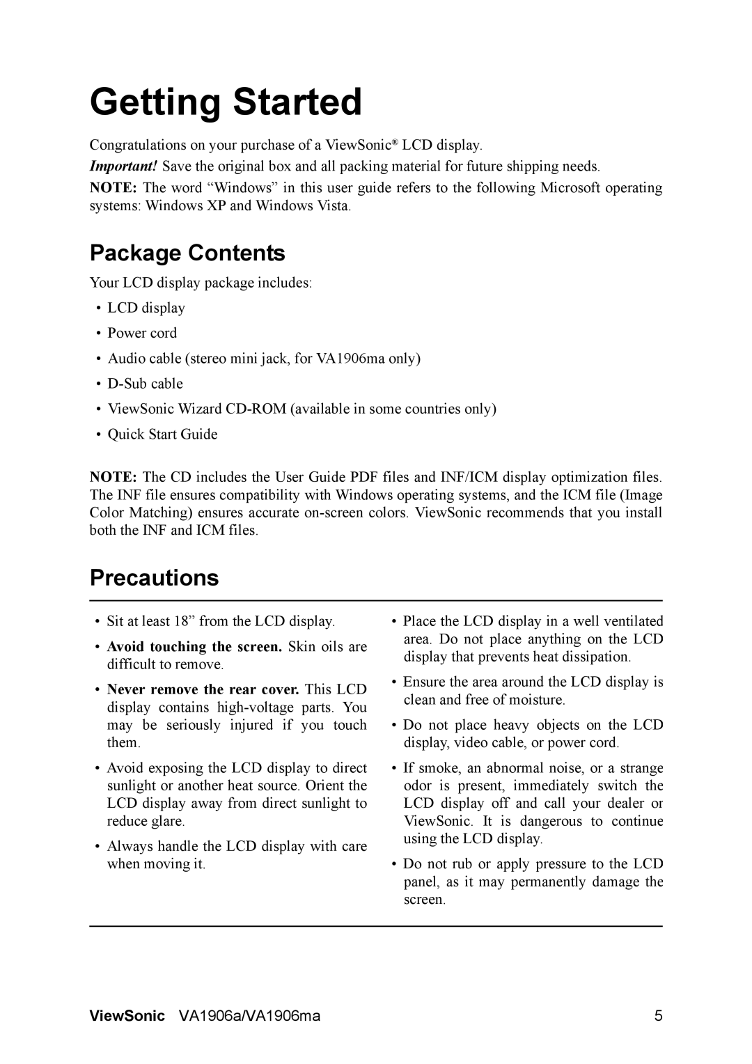 ViewSonic VS14151, VS14120 warranty Package Contents, Precautions 