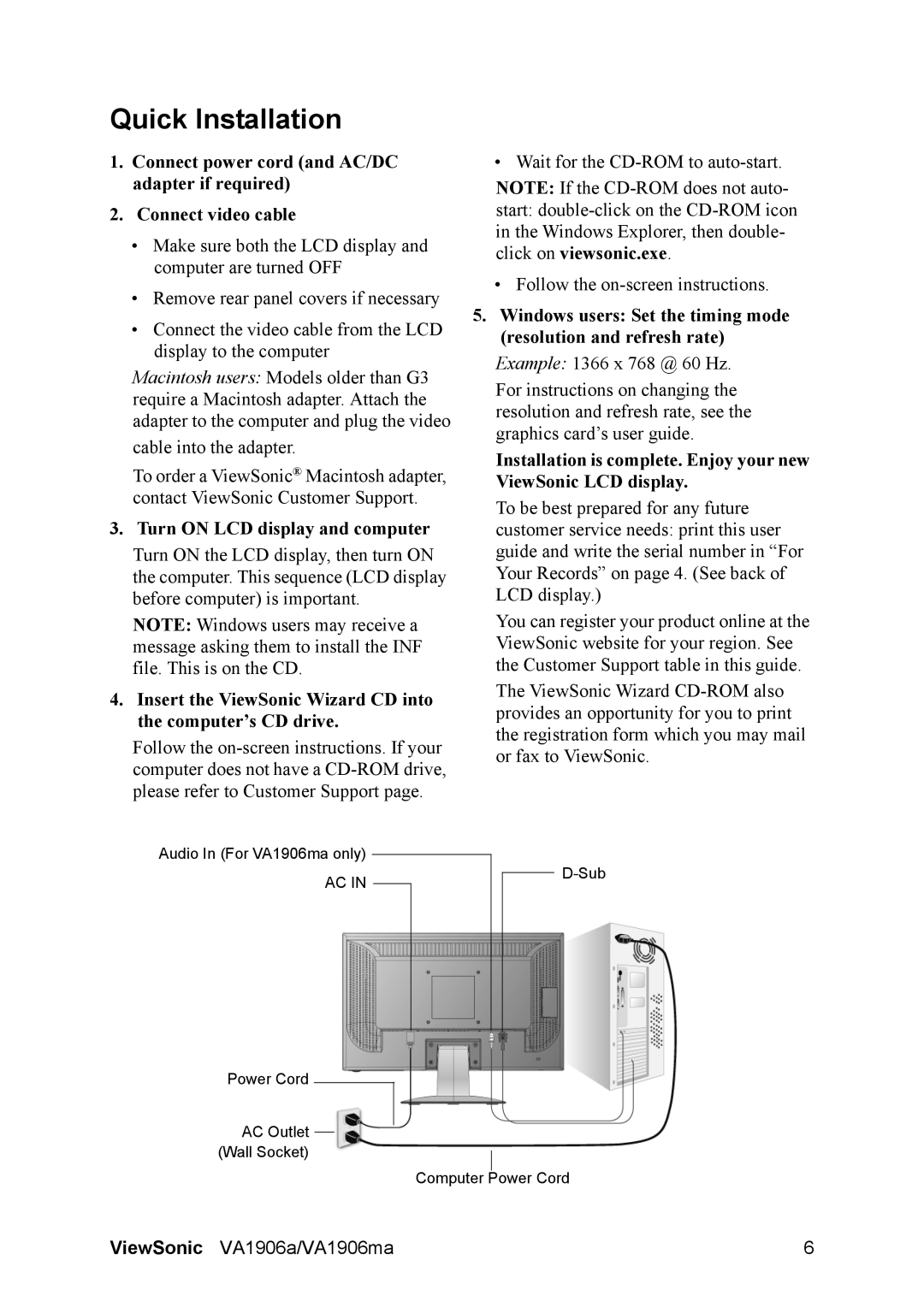 ViewSonic VS14120, VS14151 warranty Quick Installation, Turn on LCD display and computer 