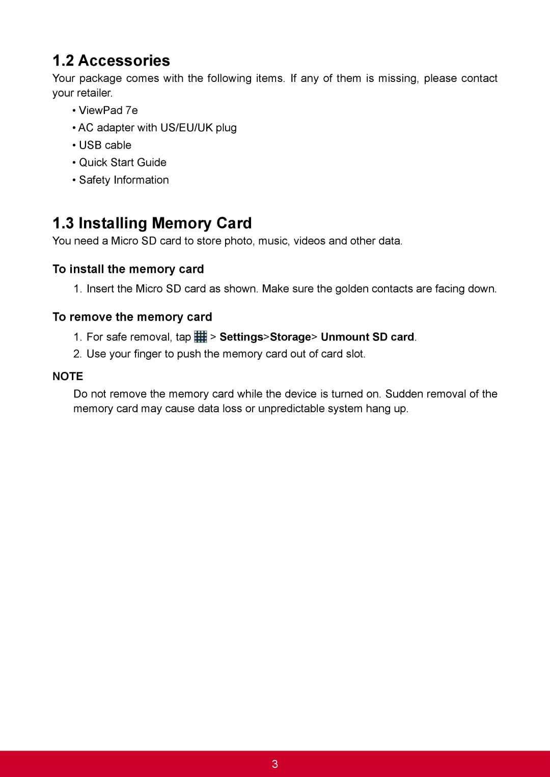 ViewSonic VS14359 warranty Accessories, Installing Memory Card, To install the memory card, To remove the memory card 