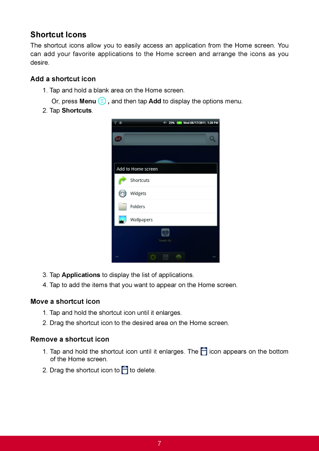 ViewSonic VS14359 warranty Shortcut Icons, Add a shortcut icon, Move a shortcut icon, Remove a shortcut icon, Tap Shortcuts 