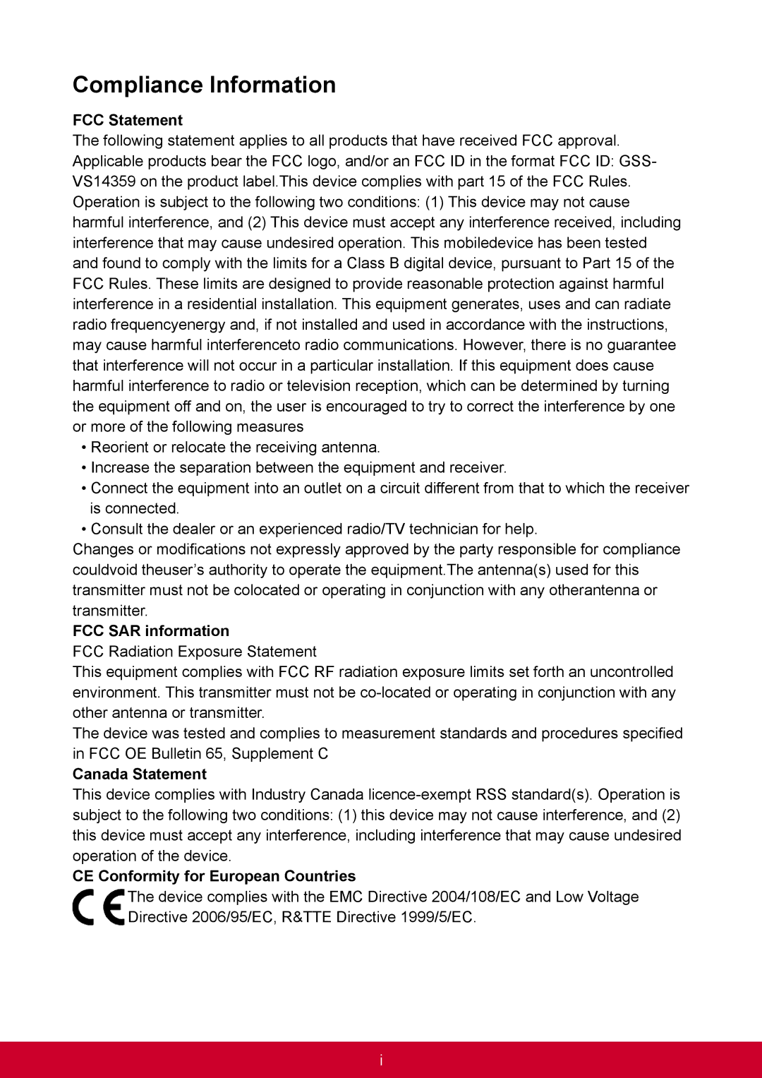 ViewSonic VS14359 warranty FCC Statement, FCC SAR information, Canada Statement, CE Conformity for European Countries 