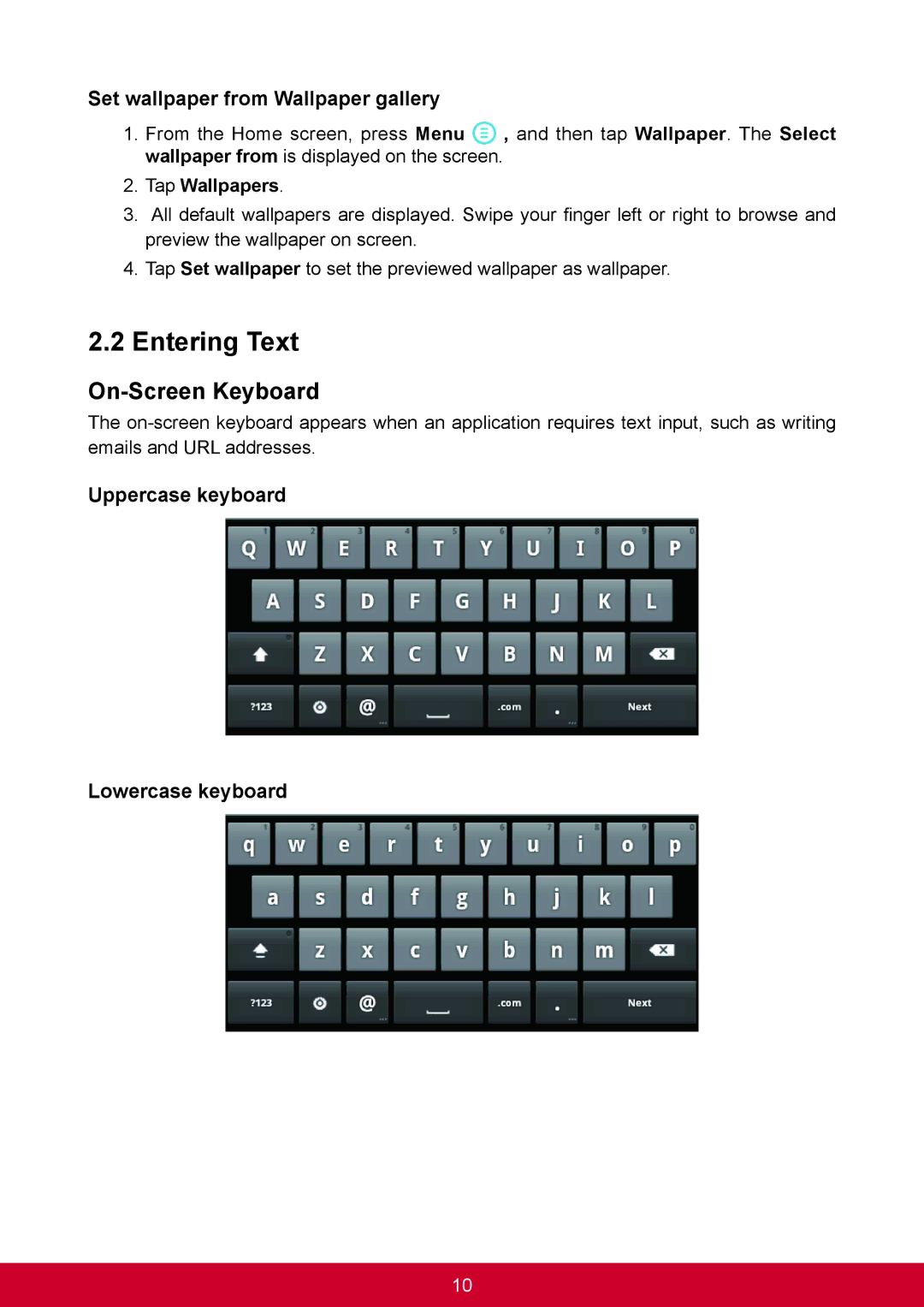 ViewSonic VS14359 warranty Entering Text, On-Screen Keyboard, Set wallpaper from Wallpaper gallery, Tap Wallpapers 