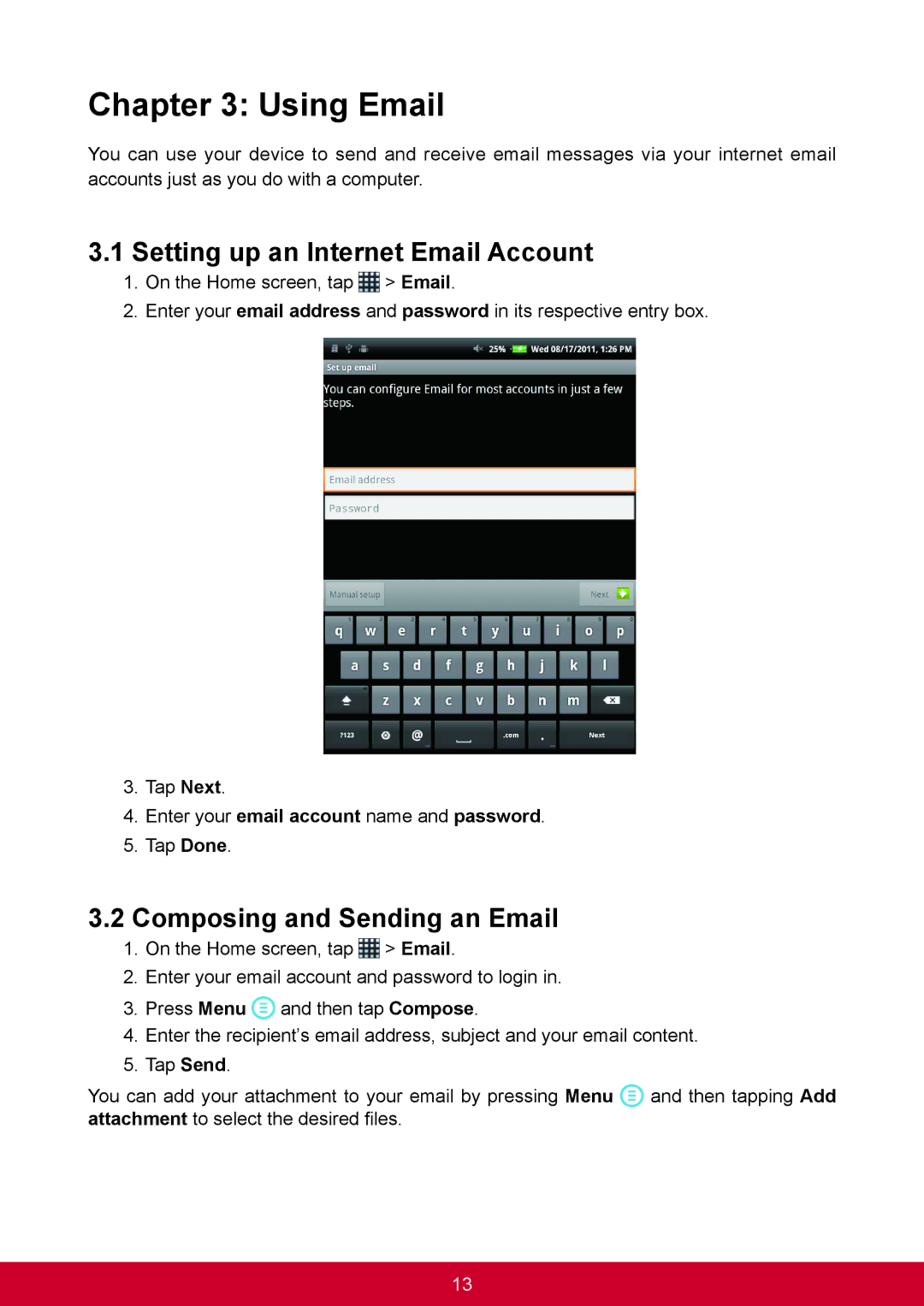 ViewSonic VS14359 warranty Using Email, Setting up an Internet Email Account, Composing and Sending an Email 