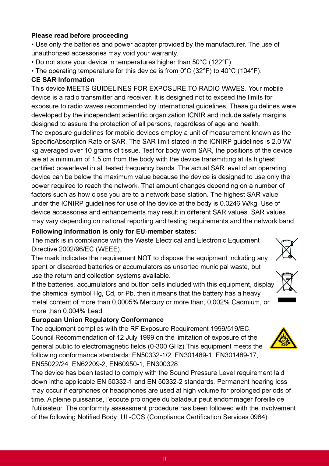 ViewSonic VS14359 Please read before proceeding, CE SAR Information, Following information is only for EU-member states 