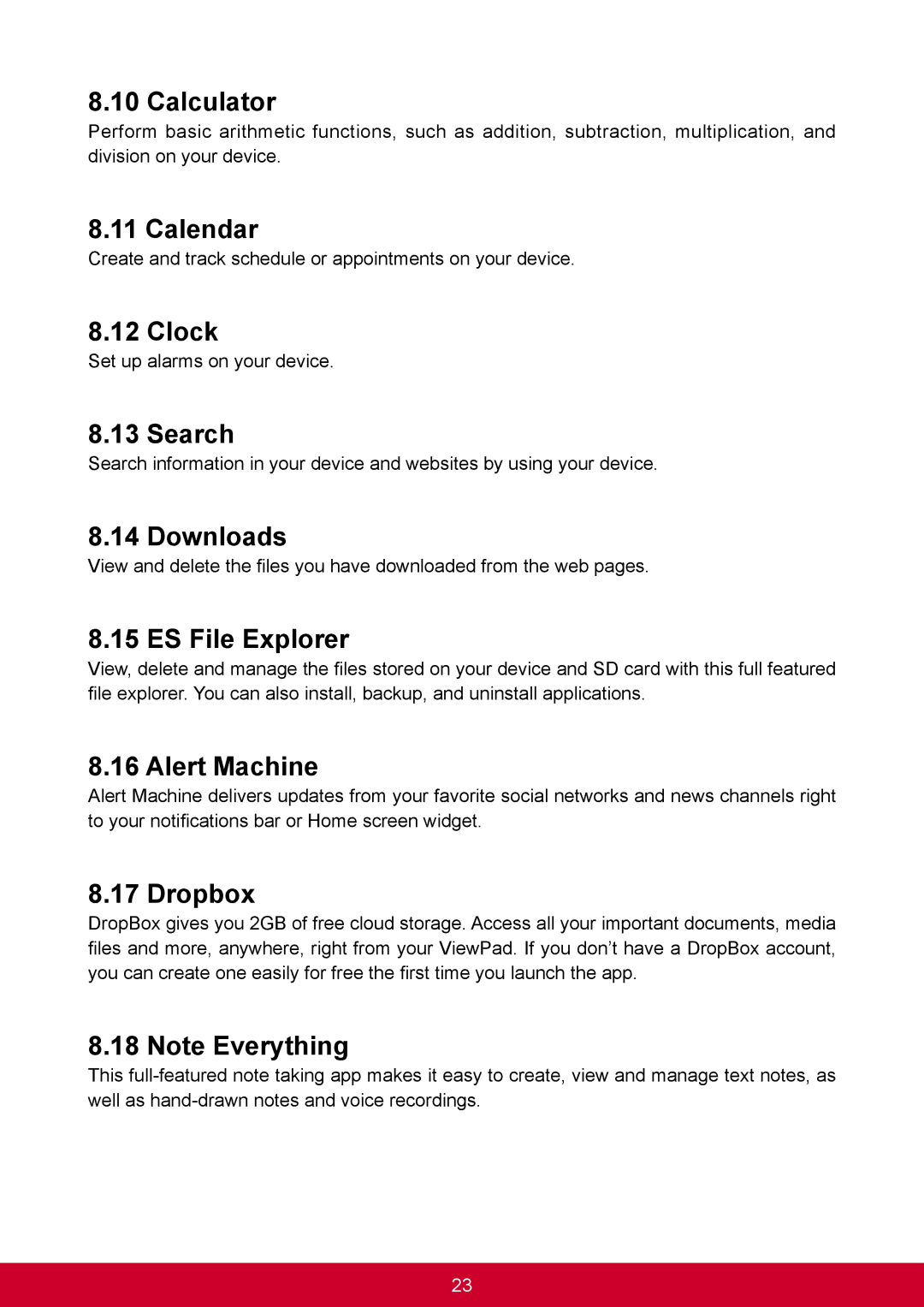 ViewSonic VS14359 warranty Calculator, Calendar, Clock, Search, Downloads, ES File Explorer, Alert Machine, Dropbox 