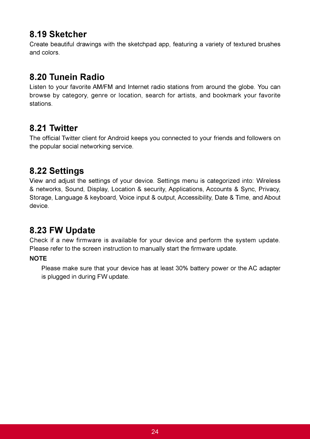 ViewSonic VS14359 warranty Sketcher, Tunein Radio, Twitter, Settings, FW Update 