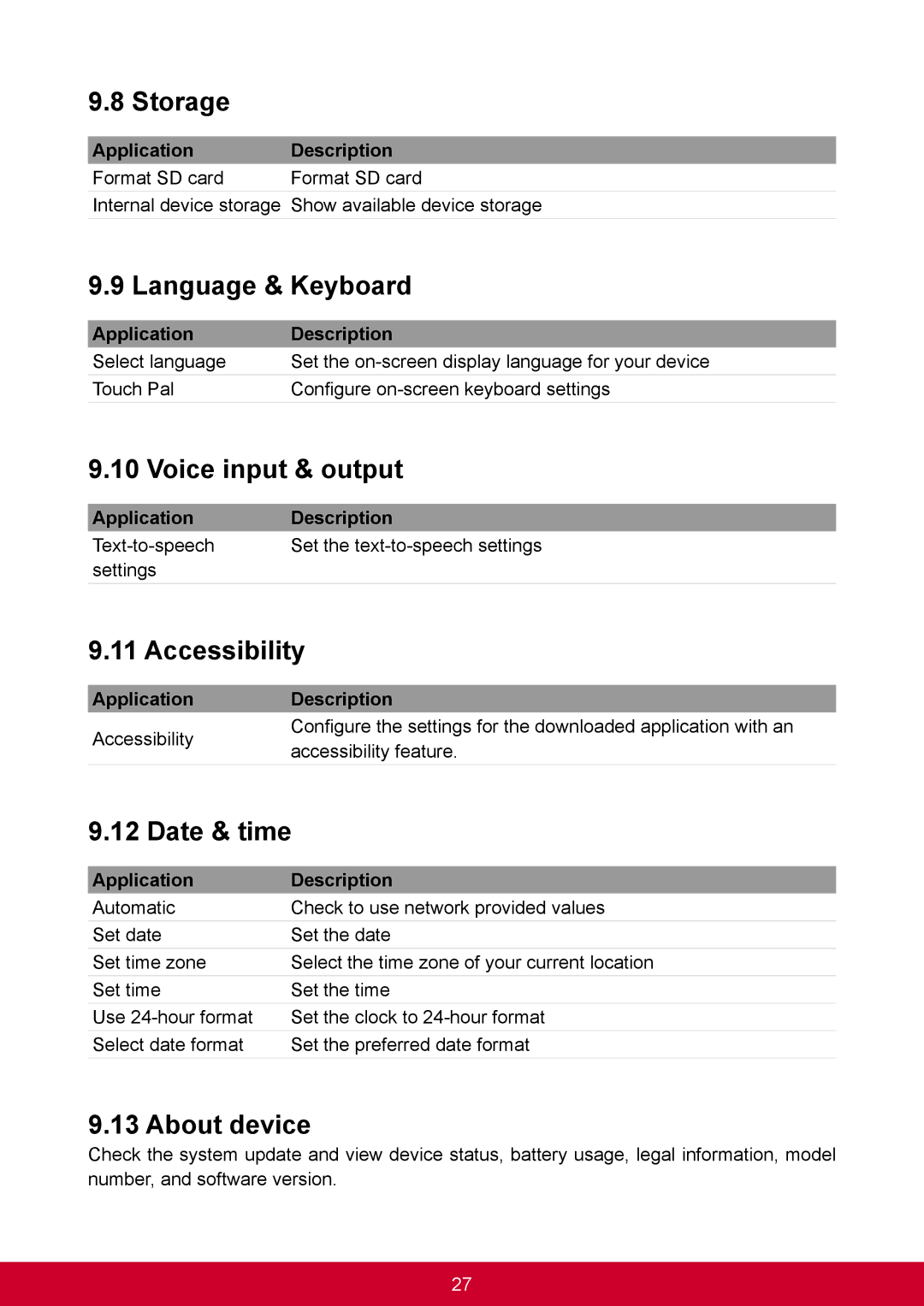 ViewSonic VS14359 warranty Storage, Language & Keyboard, Voice input & output, Accessibility, Date & time, About device 