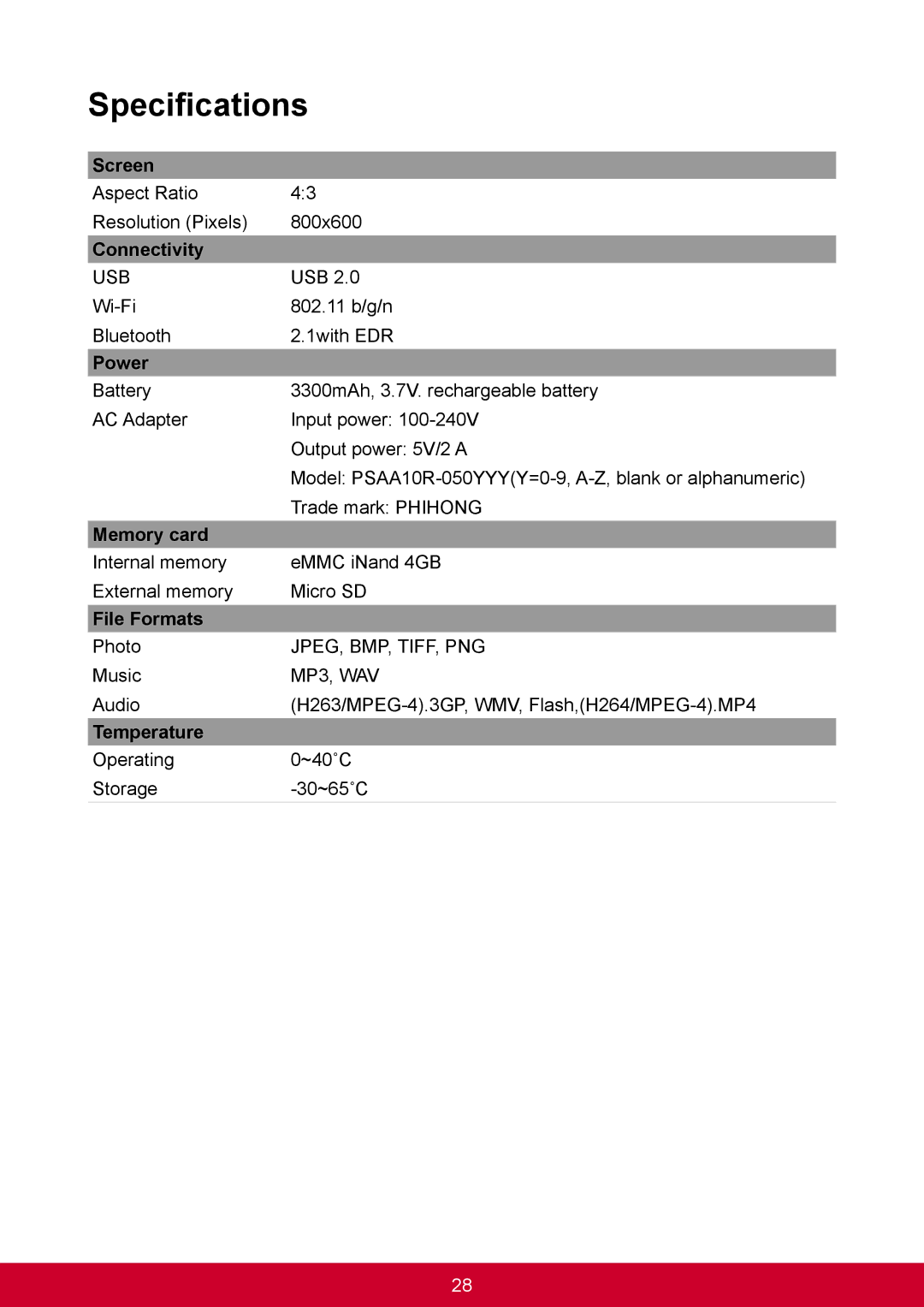 ViewSonic VS14359 warranty Specifications 