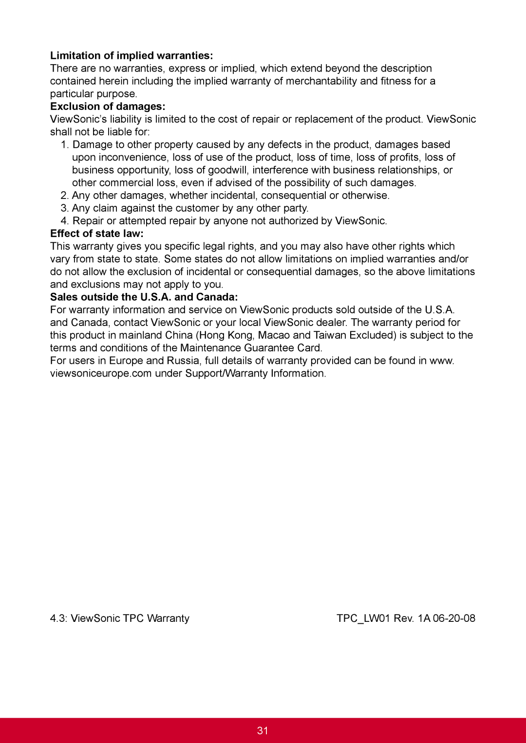 ViewSonic VS14359 warranty Limitation of implied warranties, Exclusion of damages, Effect of state law 