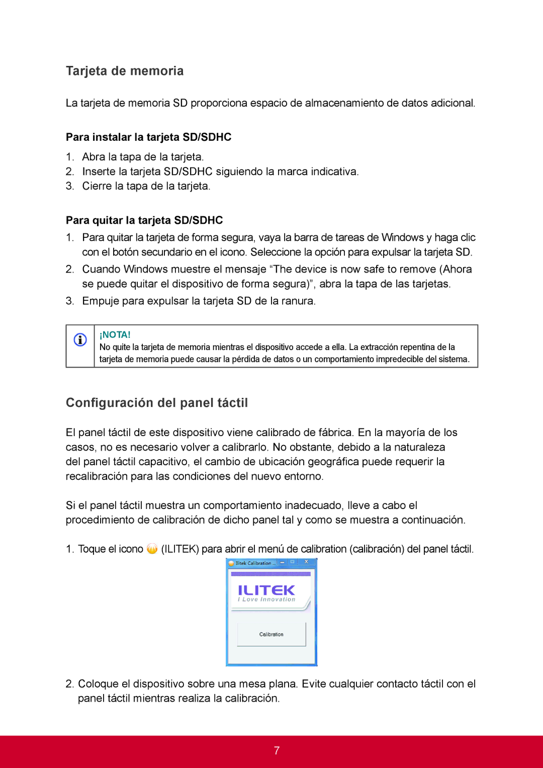 ViewSonic VS14406 manual Tarjeta de memoria, Configuración del panel táctil, Para instalar la tarjeta SD/SDHC 