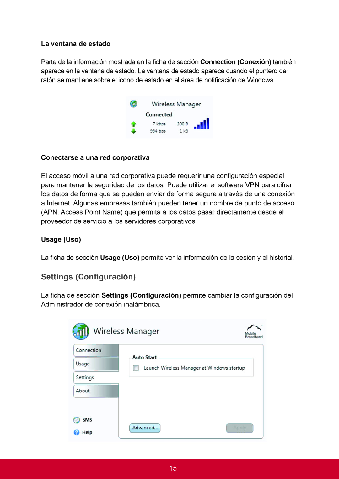 ViewSonic VS14406 manual Settings Configuración, La ventana de estado, Conectarse a una red corporativa, Usage Uso 