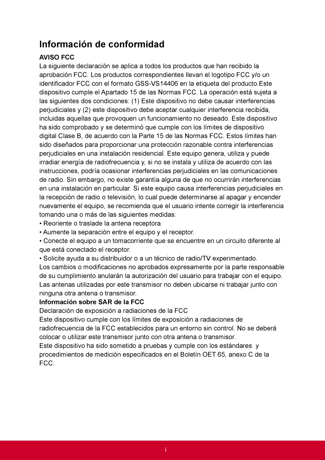 ViewSonic VS14406 manual Información de conformidad, Información sobre SAR de la FCC 