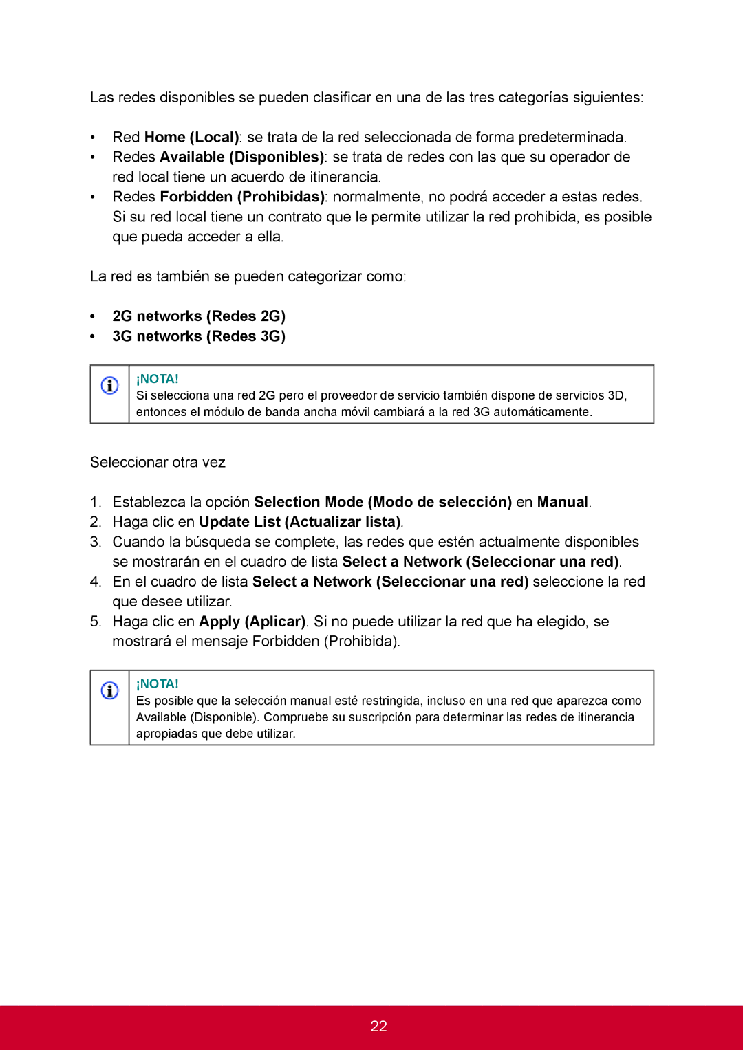 ViewSonic VS14406 manual 2G networks Redes 2G 3G networks Redes 3G 