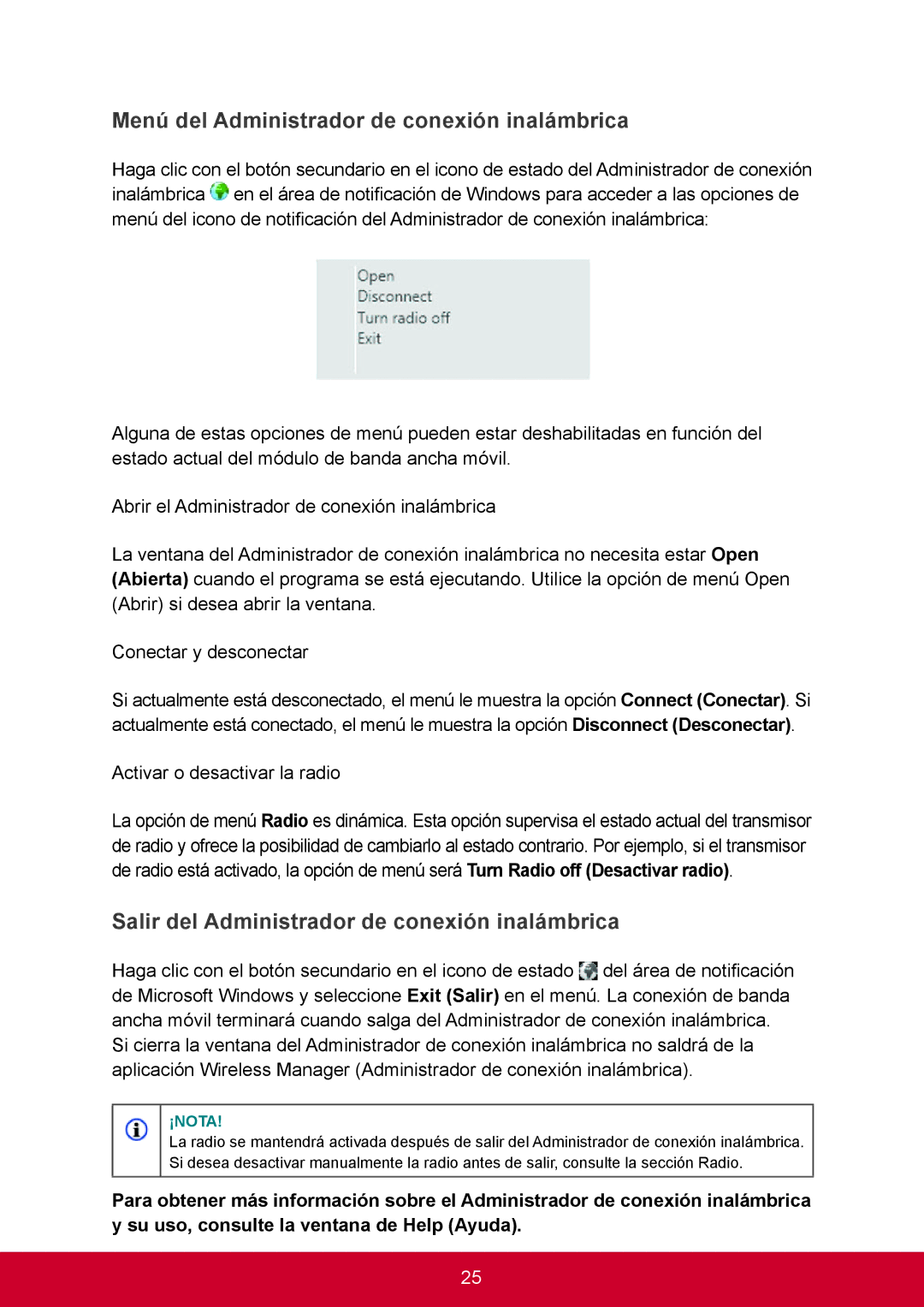 ViewSonic VS14406 manual Menú del Administrador de conexión inalámbrica, Salir del Administrador de conexión inalámbrica 