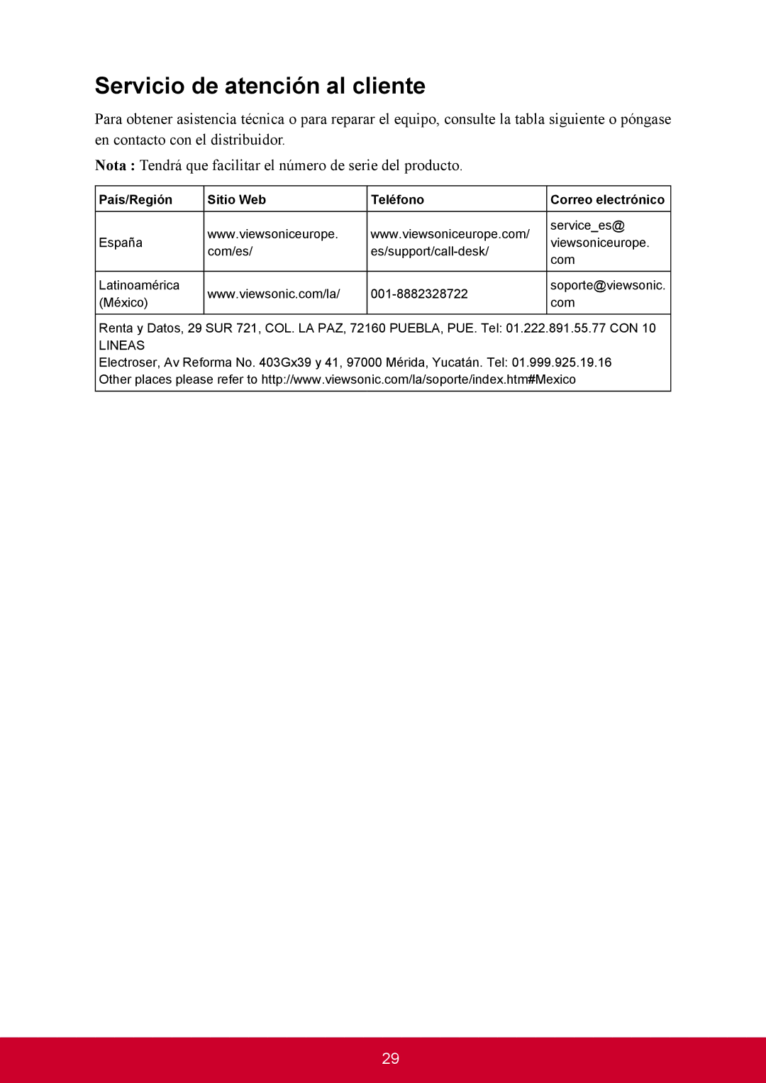 ViewSonic VS14406 manual Servicio de atención al cliente 