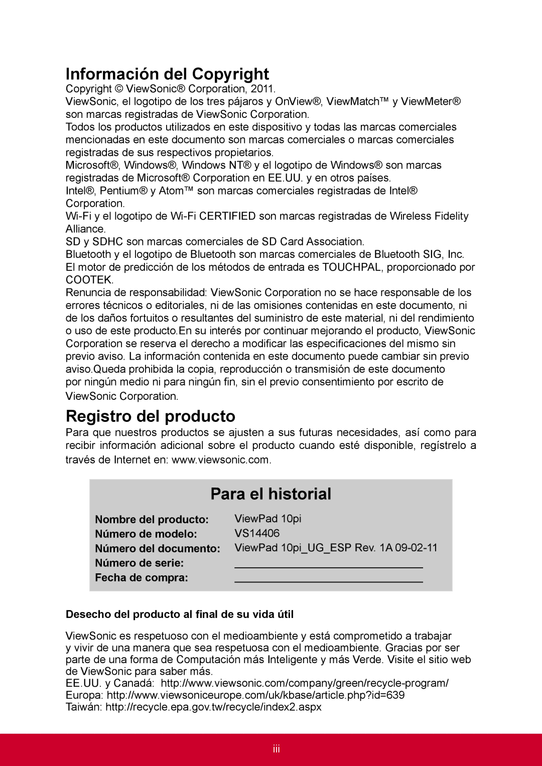 ViewSonic VS14406 manual Información del Copyright, Desecho del producto al final de su vida útil 