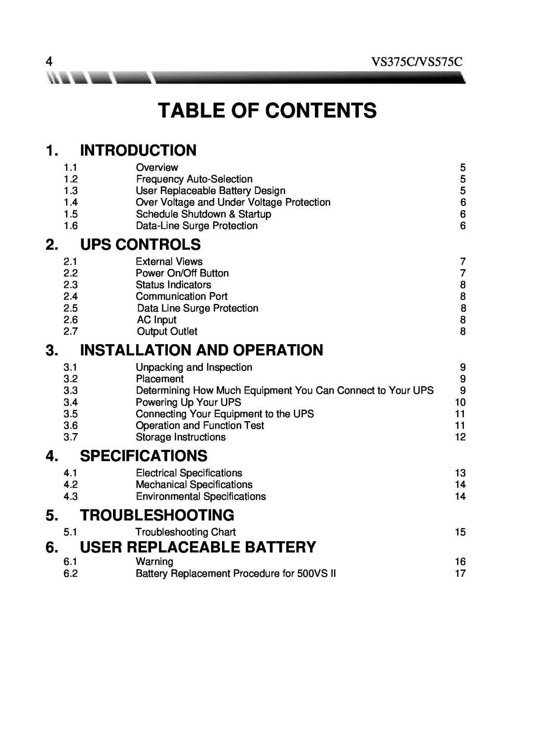 ViewSonic manual Introduction, Ups Controls, Installation And Operation, Specifications, Troubleshooting, VS375C/VS575C 