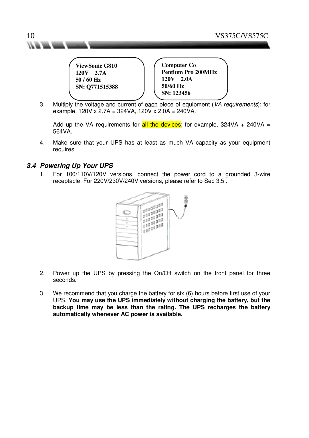 ViewSonic manual VS375C/VS575C, Powering Up Your UPS 