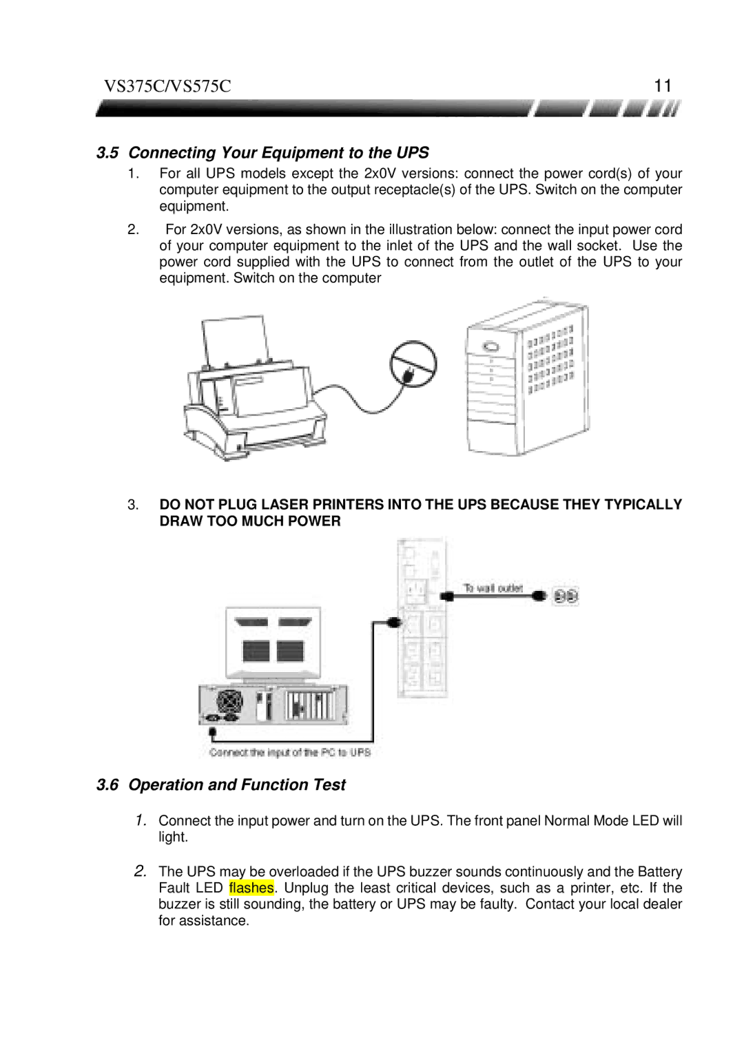 ViewSonic VS375C, VS575C manual Connecting Your Equipment to the UPS, Operation and Function Test 