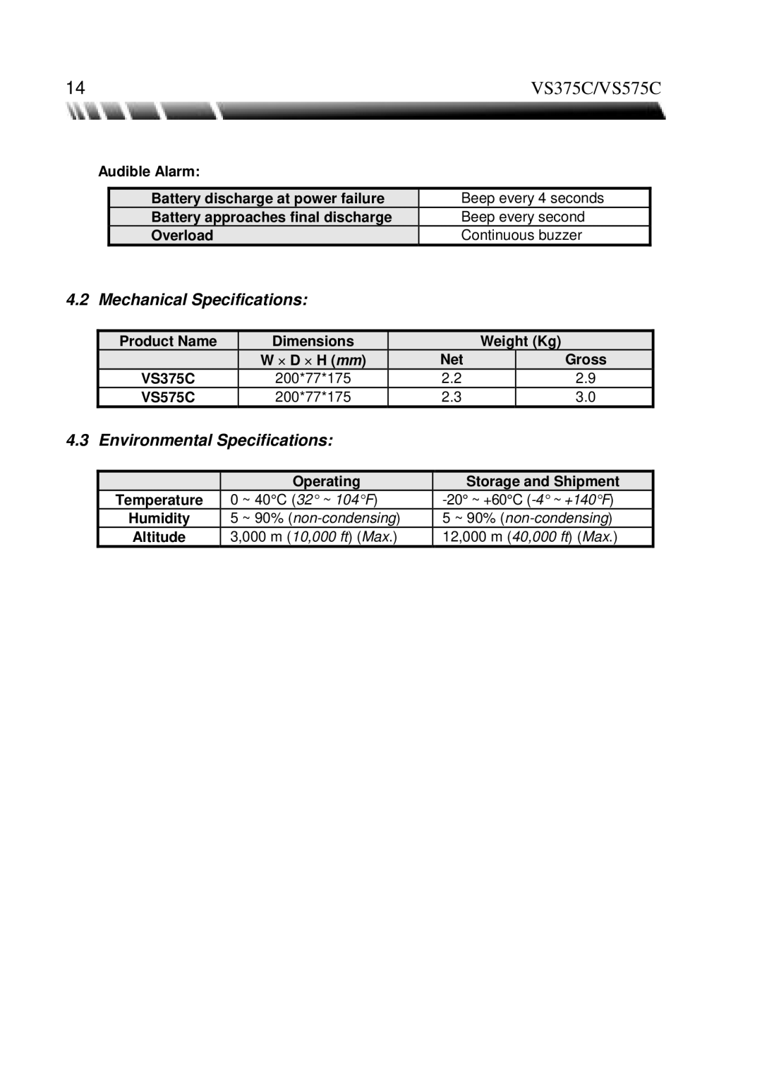 ViewSonic VS575C, VS375C manual Mechanical Specifications, Environmental Specifications 