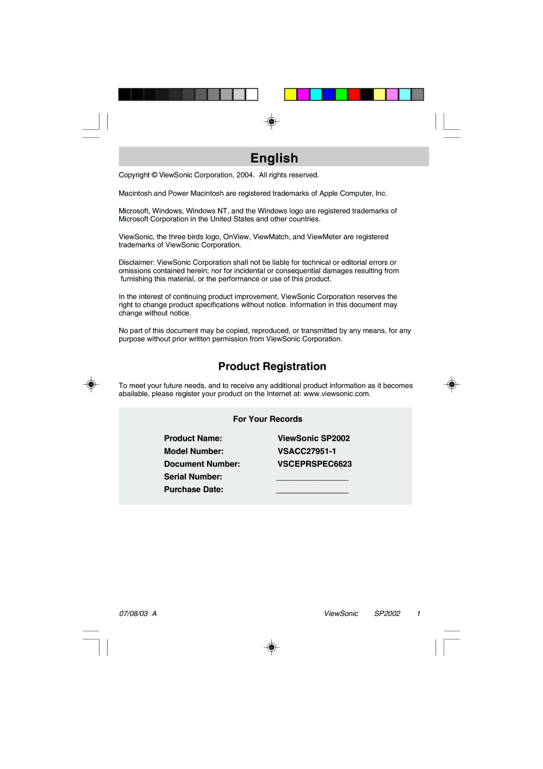 ViewSonic VSACC27951-1 specifications English, Product Registration 