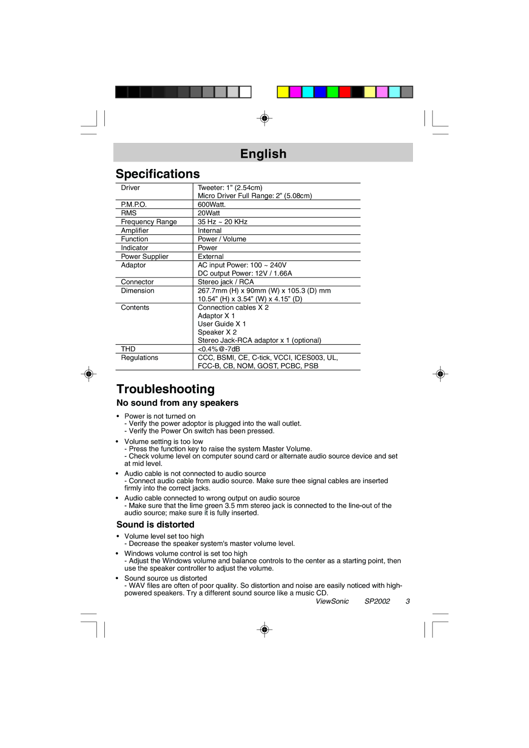 ViewSonic VSACC27951-1 specifications Specifications, Troubleshooting, No sound from any speakers, Sound is distorted 