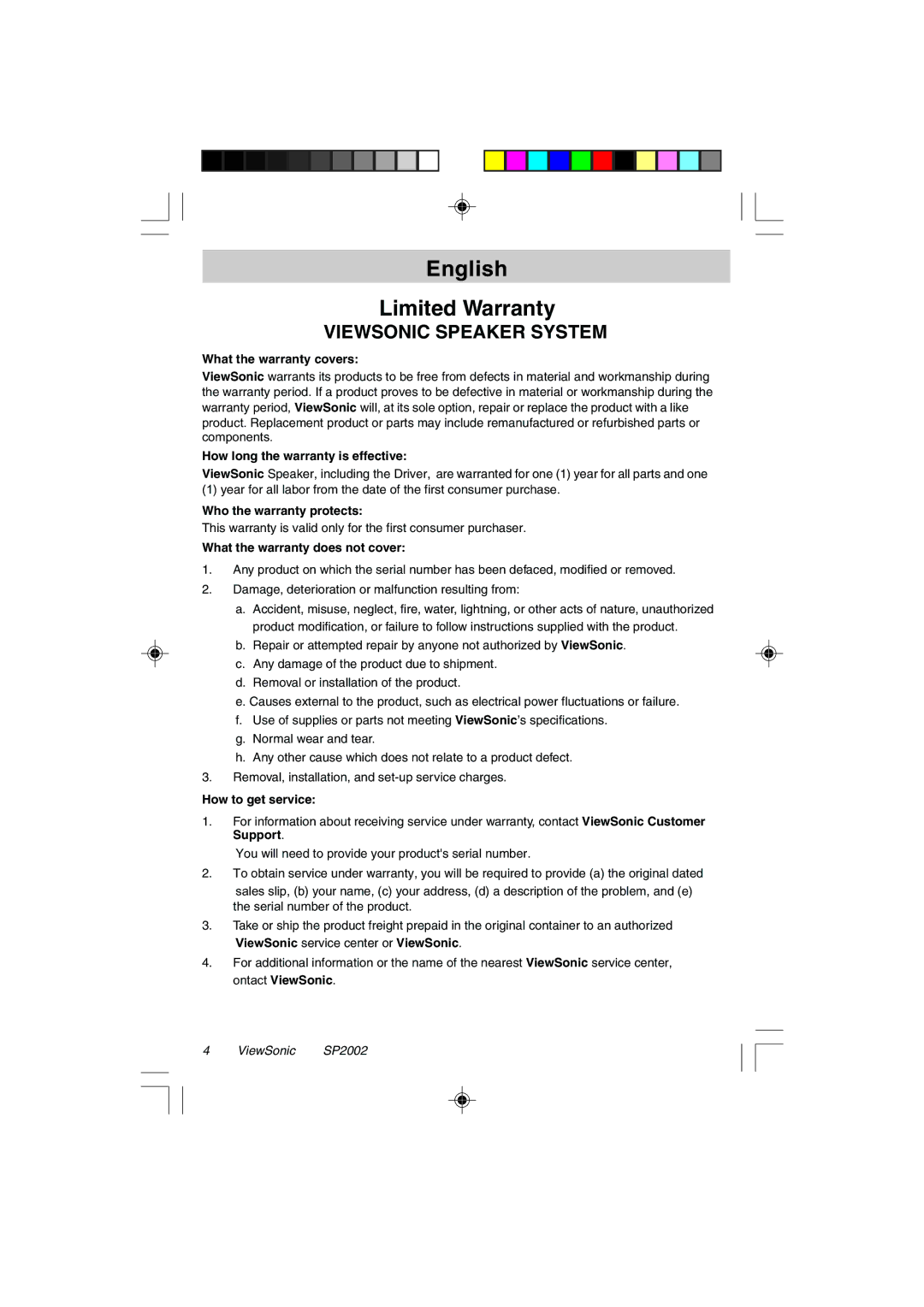 ViewSonic VSACC27951-1 specifications English Limited Warranty 