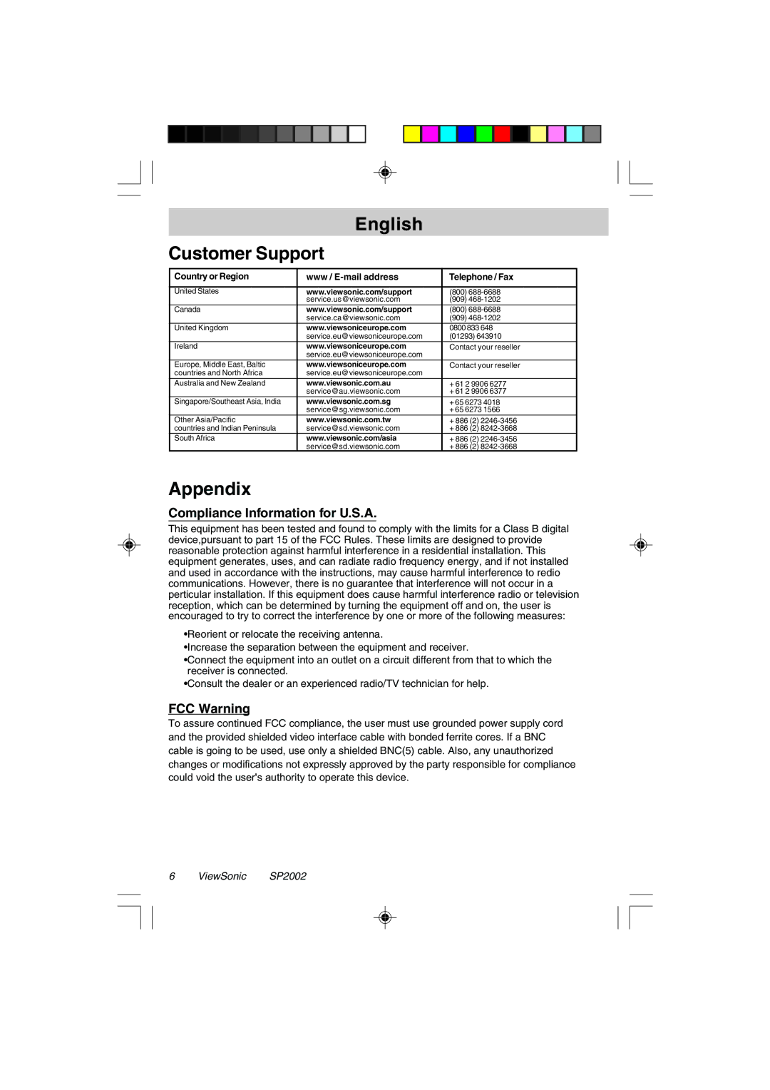 ViewSonic VSACC27951-1 specifications English Customer Support, Appendix, Compliance Information for U.S.A, FCC Warning 