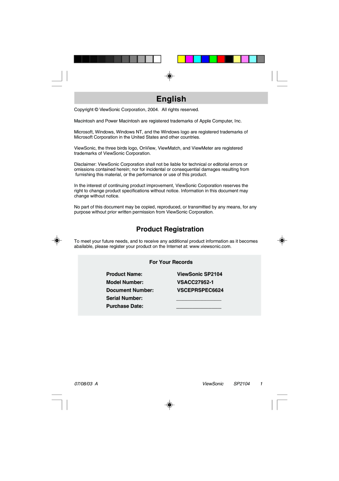 ViewSonic VSACC27952-1 specifications English, Product Registration 