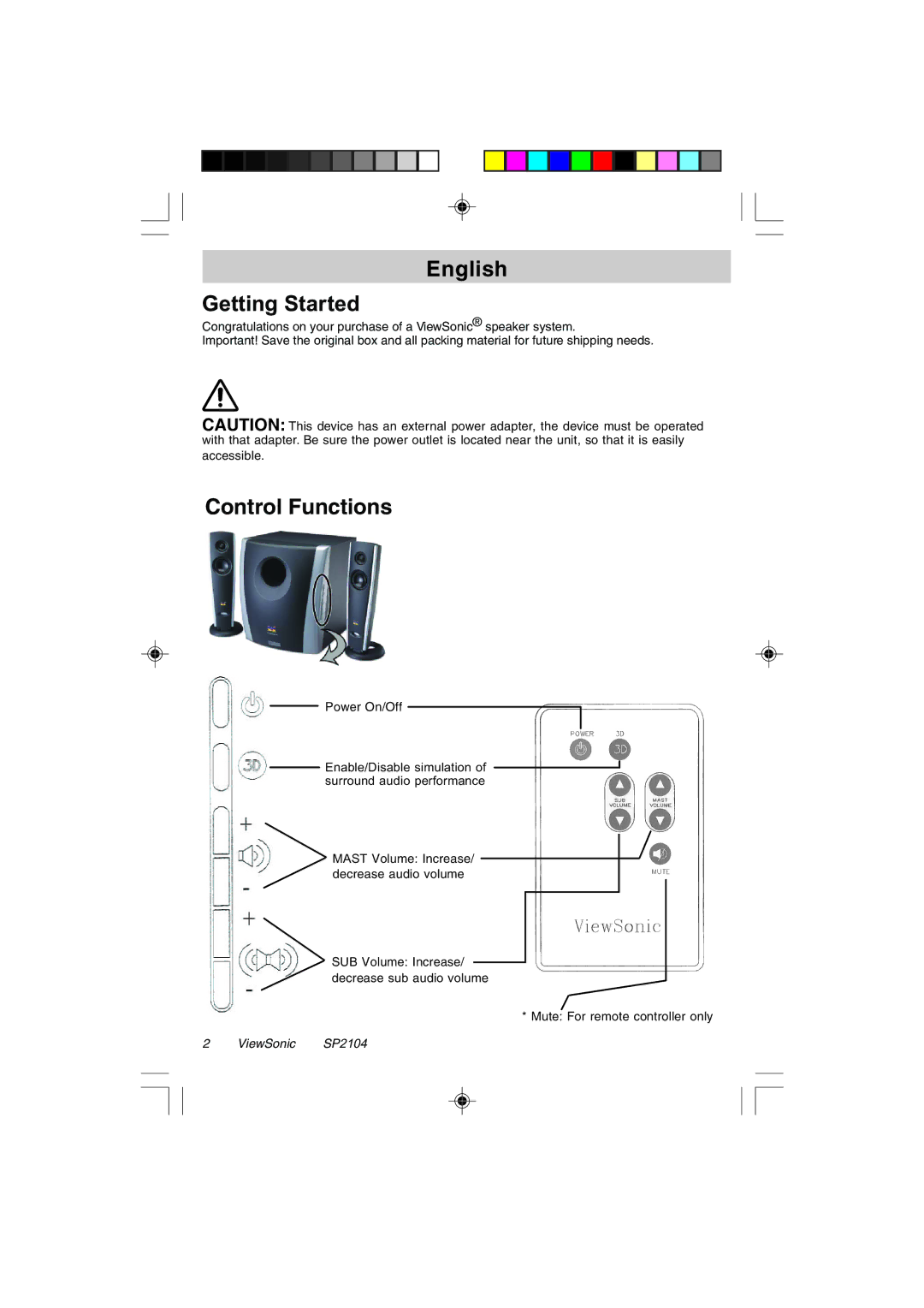 ViewSonic VSACC27952-1 specifications English Getting Started, Control Functions 