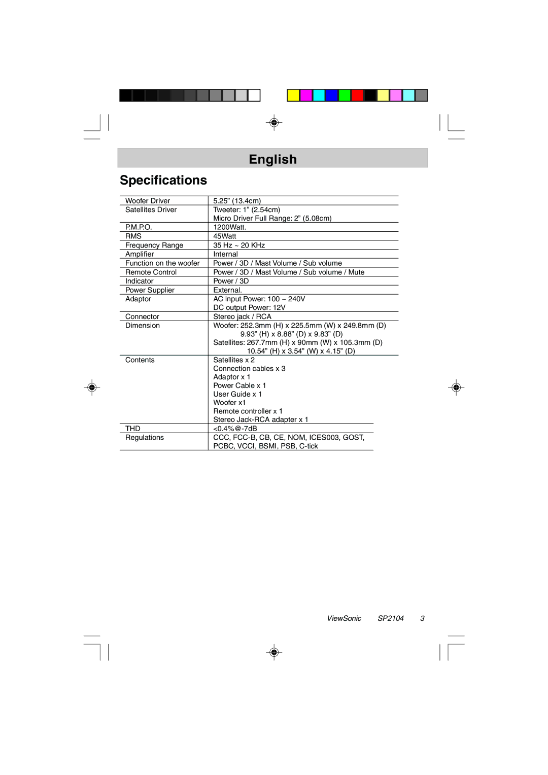 ViewSonic VSACC27952-1 specifications Specifications 